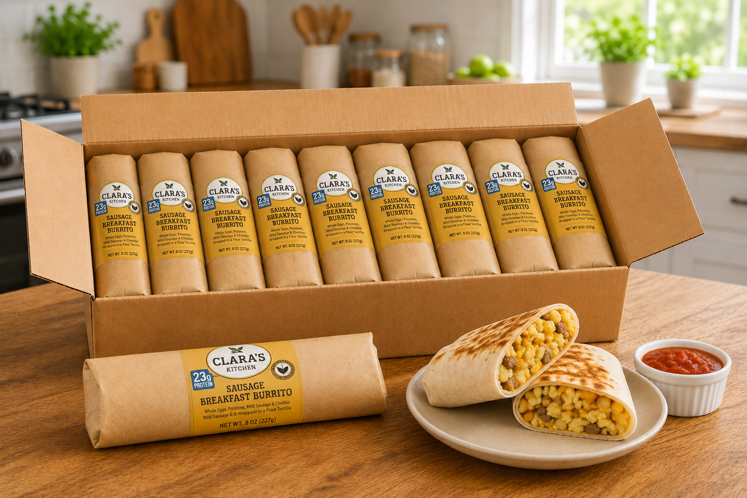 Clara’s Kitchen Sausage Breakfast Burrito, 8 oz. – 12 Total Burritos