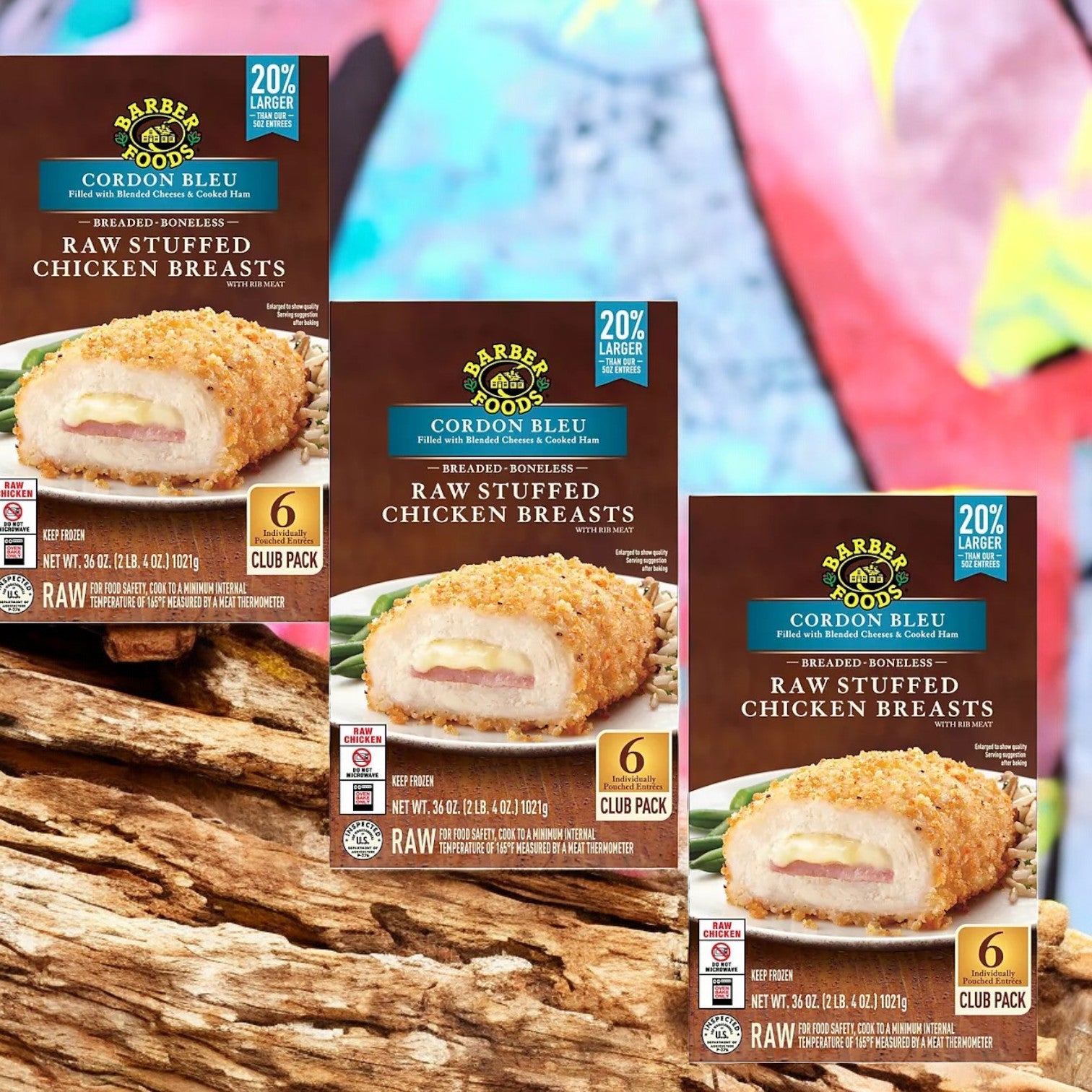Three boxes of Sam's Club Barber Foods Cordon Bleu Stuffed Breaded Chicken Breasts are displayed on a multicolored background. Each 6-count pack is now 20% larger, offering convenient meal options filled with savory stuffing, ideal for quick and delicious meals.
