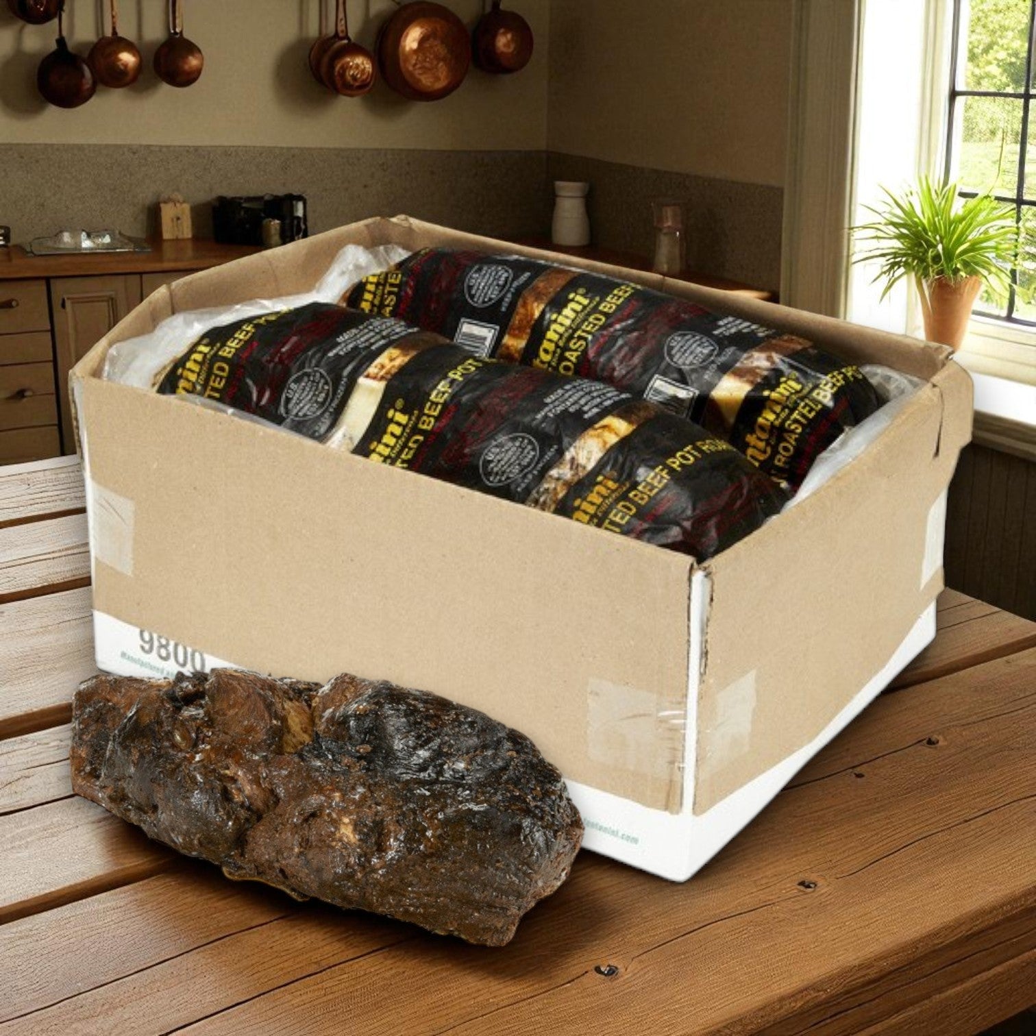 A Sysco Fontanini Beef Pot Roast with Gravy – 2 Packs (14–15 lbs each) sits on a wooden table in front of a box of vacuum-sealed deli meats, evoking the delicious appeal of homestyle comfort food.