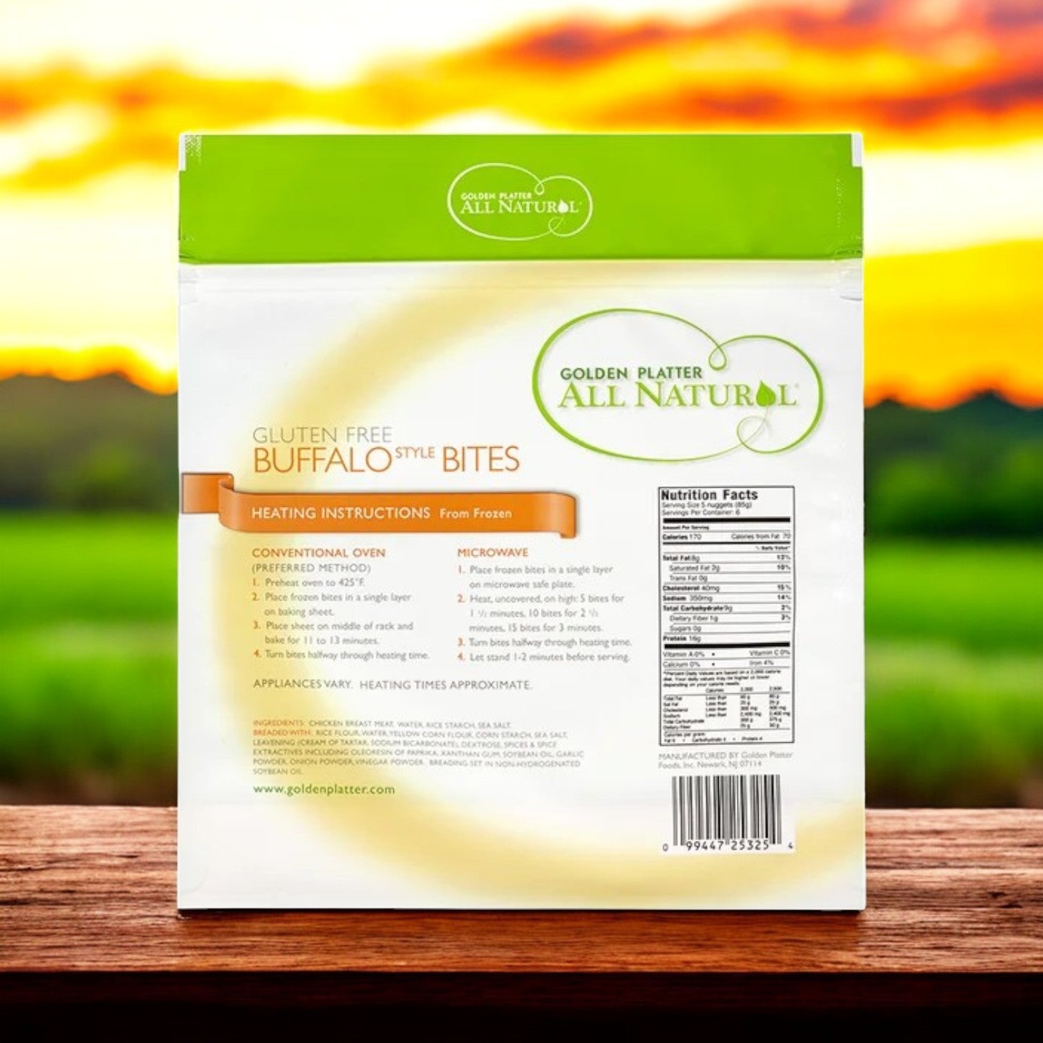 The back of a Golden Platter All Natural Gluten Free Buffalo Style Bites-24 Count (3 Packs) package shows heating instructions, nutrition facts, and branding, set outdoors.