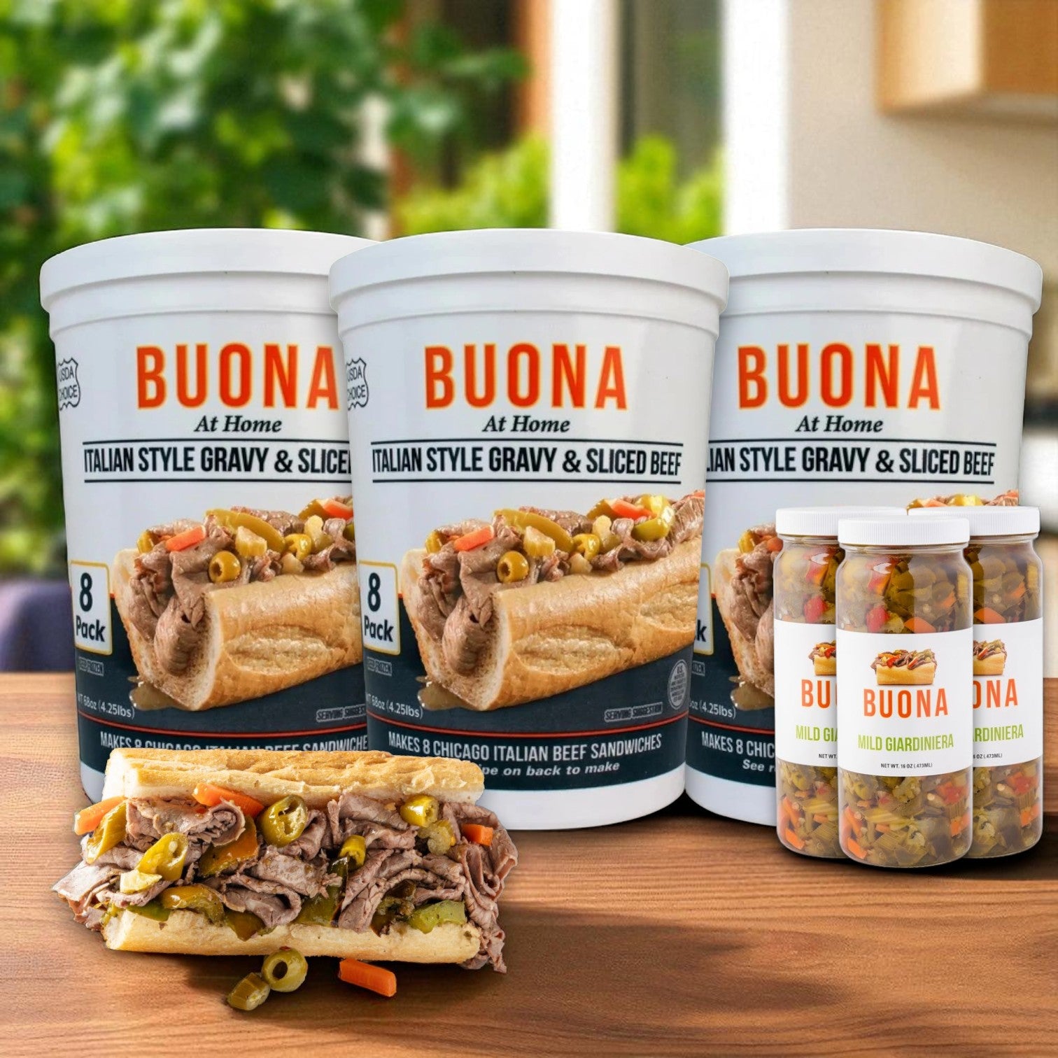 Buona Chicago Beef & Giardiniera Combo Pack – 3 Jars Mild Giardiniera (16 oz each) & 3 Tubs Italian Style Gravy with Sliced Beef (68 oz each)