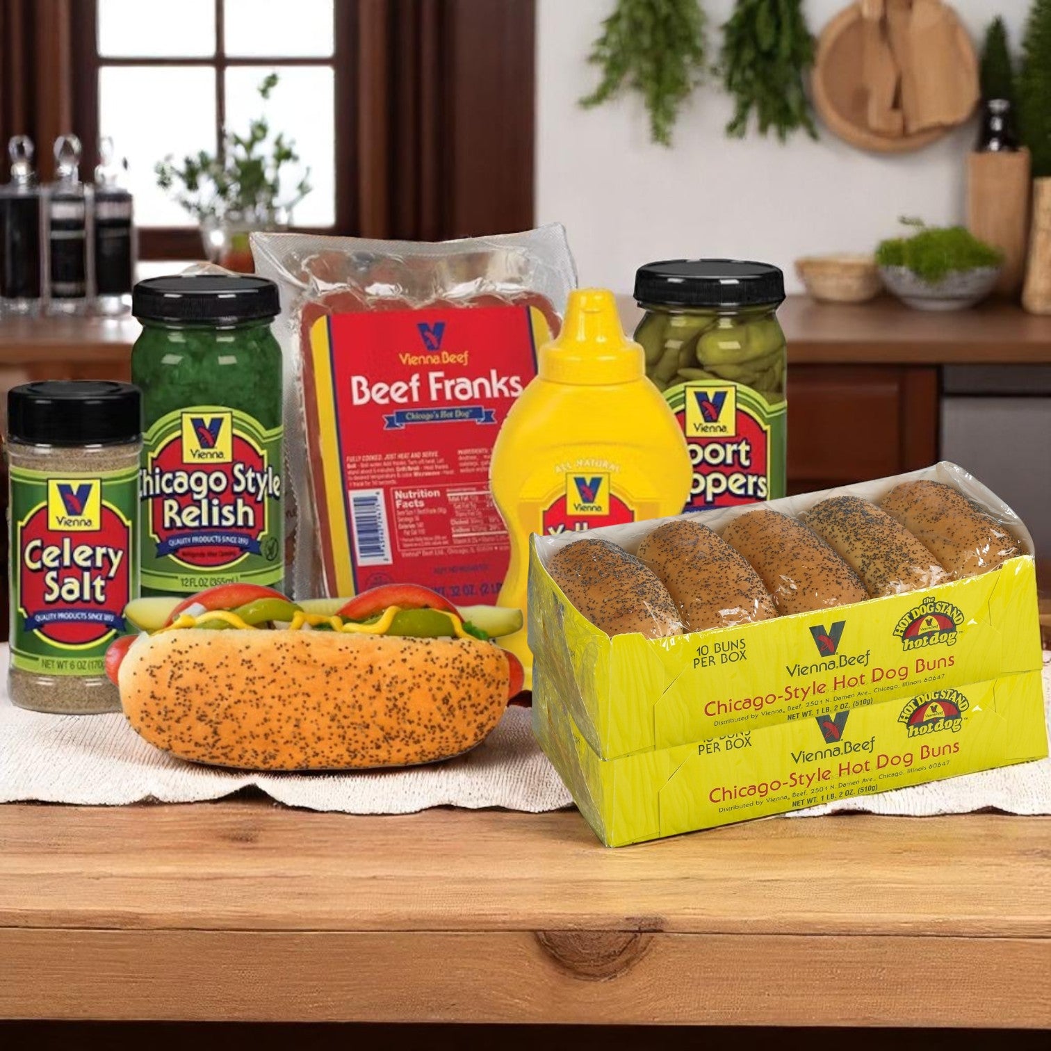 The Vienna Beef Chicago-Style Hot Dog Combo Pack – Serves 16, includes buns, franks, relish, peppers, pickles, celery salt, and mustard—everything for authentic Chicago dogs—displayed on a kitchen counter.