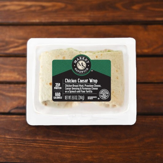 E.A. Sween Chicken Caesar Wrap—1 case with 8 wraps, ships frozen, shelf life 30 days in cooler once thawed—ideal for catering or grab-and-go meals.