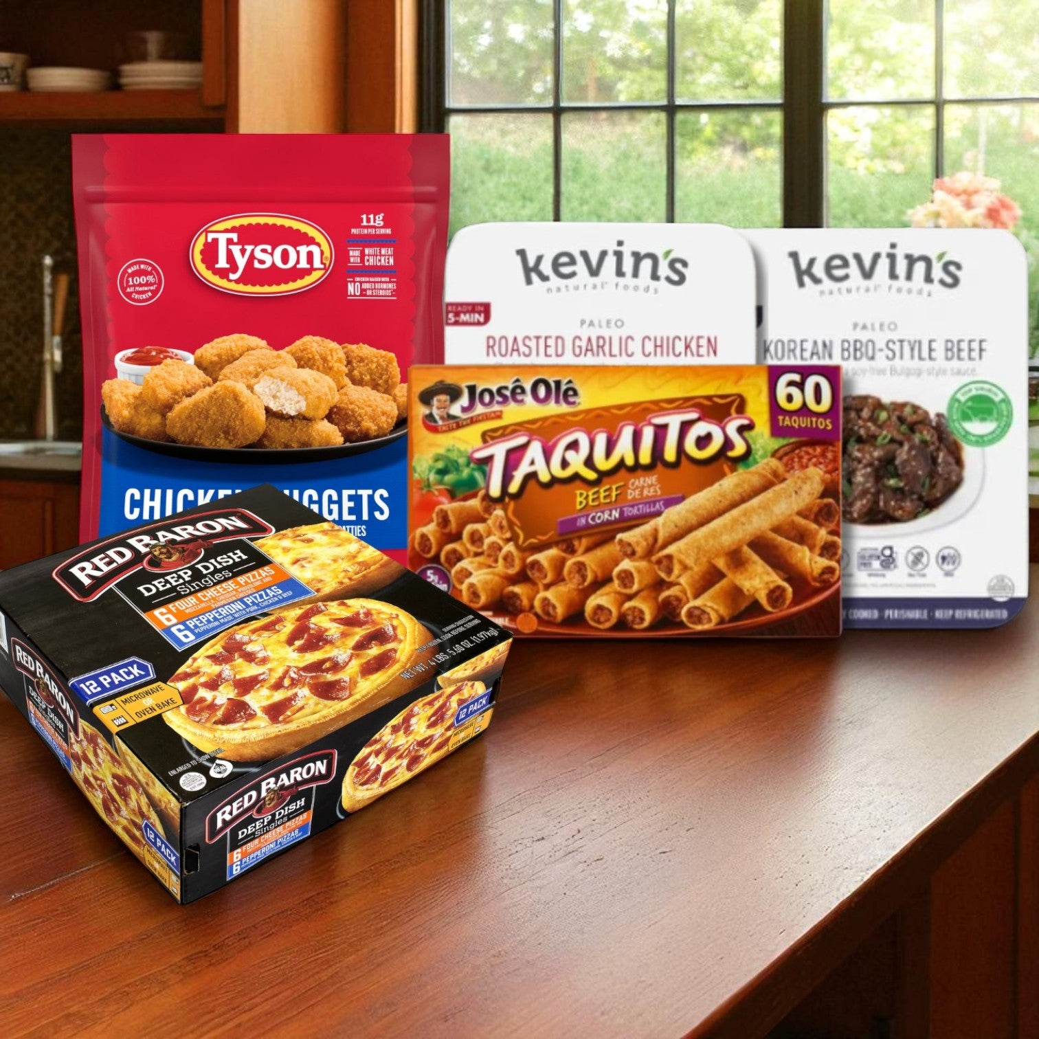 College Food Box - 12 Red Baron Pizzas, 60 Beef Taquitos, 16 oz Kevin’s BBQ Beef, 16 oz Garlic Chicken, 29 oz Tyson Nuggets