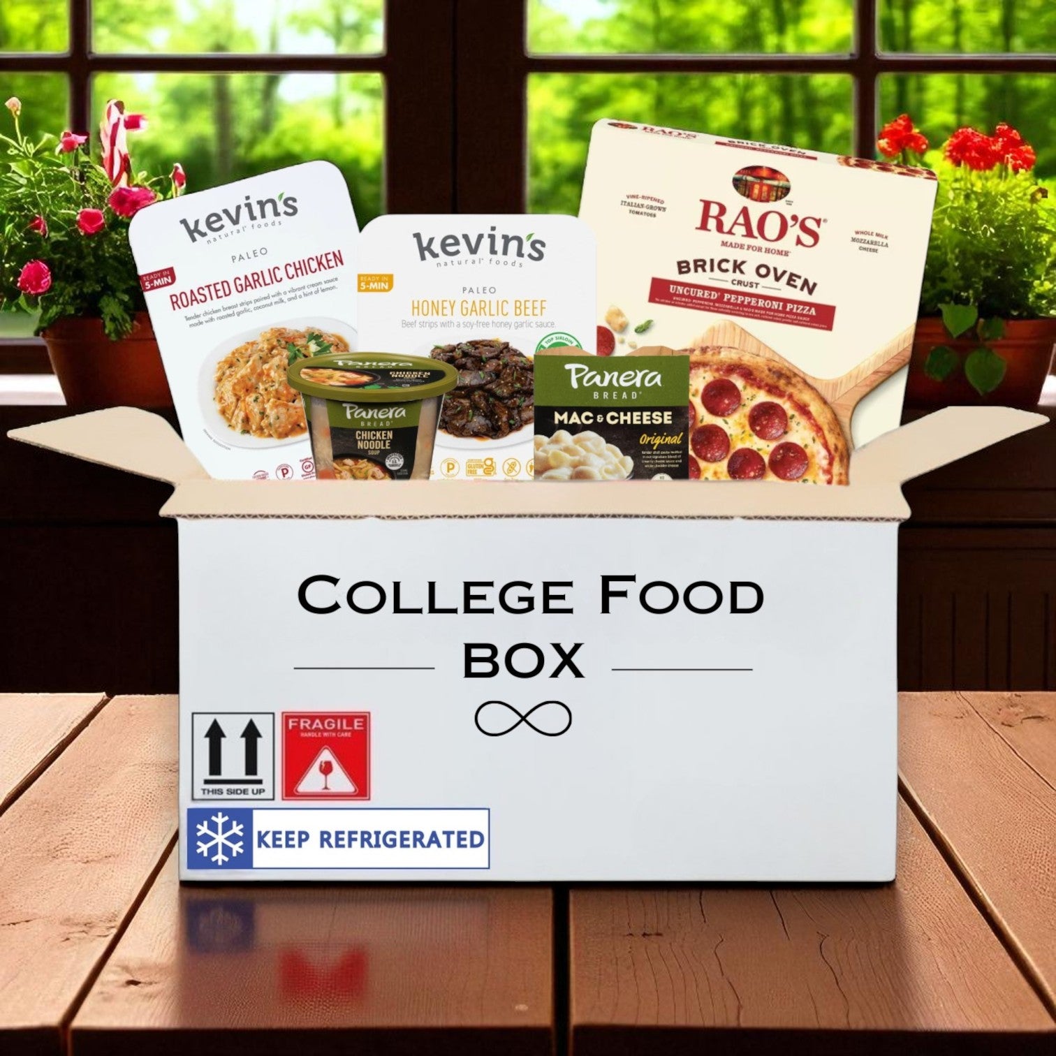 College Food Box — Ready-to-Heat Meals & Pizza - Kevin’s Beef & Chicken, Panera Soup & Mac, Rao’s Pepperoni Pizza