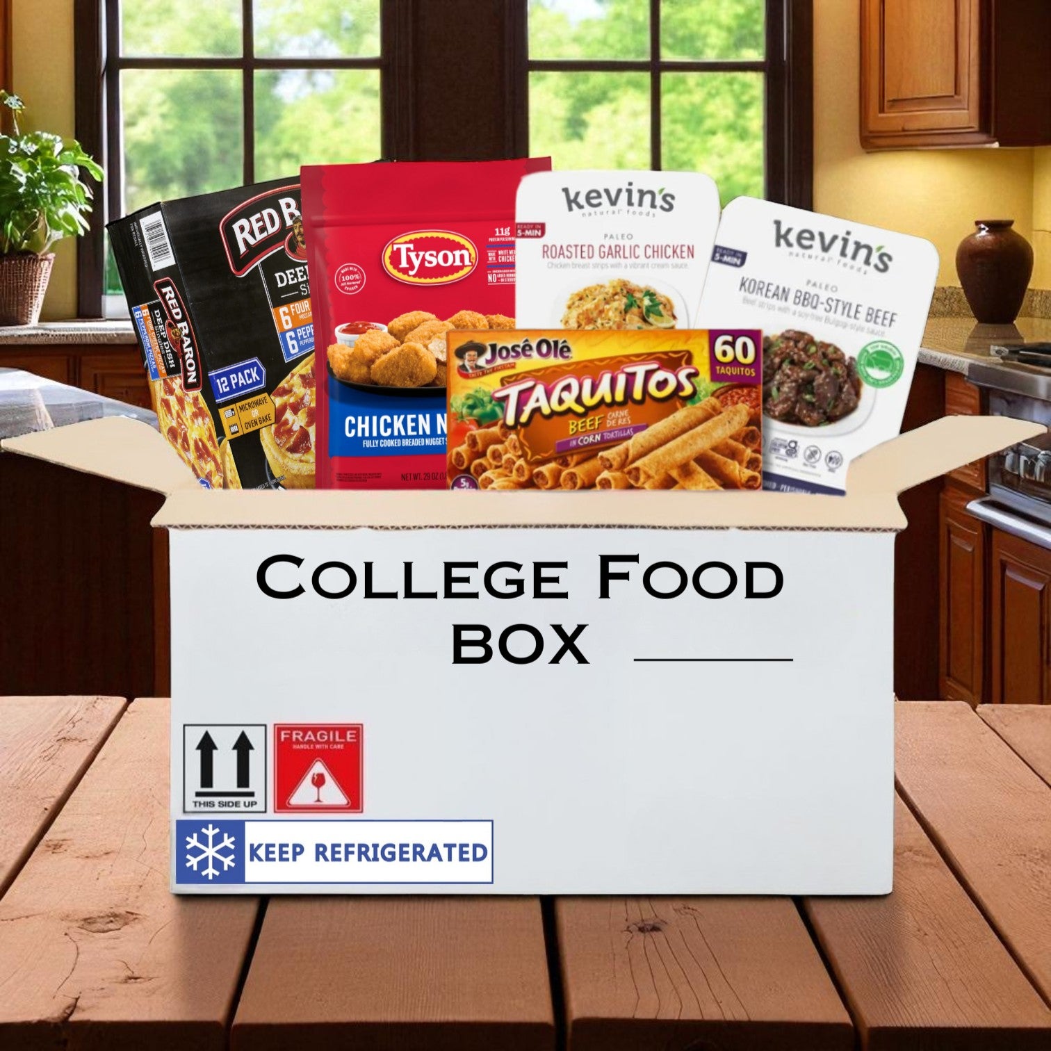 College Food Box - 12 Red Baron Pizzas, 60 Beef Taquitos, 16 oz Kevin’s BBQ Beef, 16 oz Garlic Chicken, 29 oz Tyson Nuggets