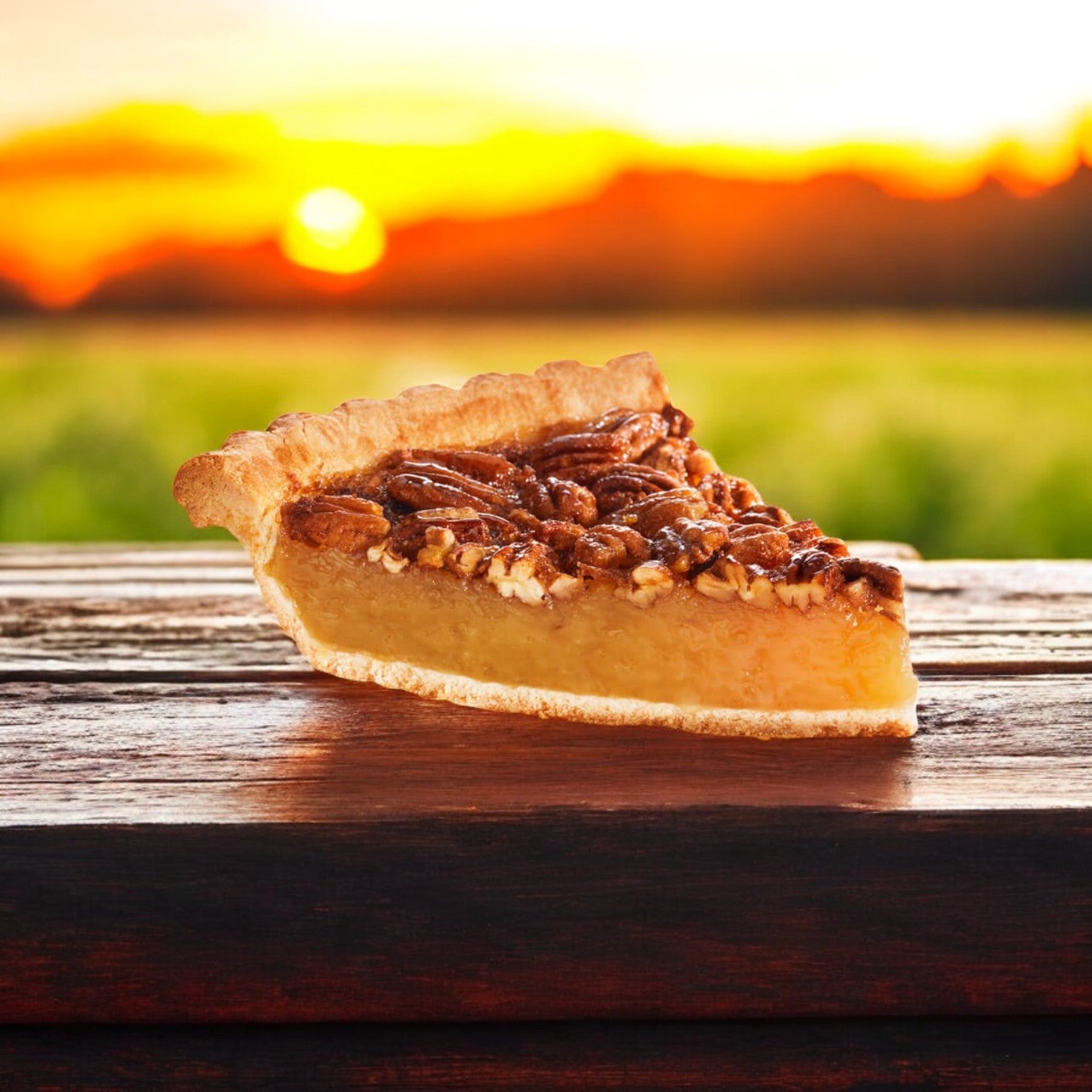 A slice of Chef Pierre Pre-Baked Southern Pecan Pie, 36 oz., rests on a wooden surface, its rich pecan filling illuminated by the warm hues of a sunset over a grassy field.