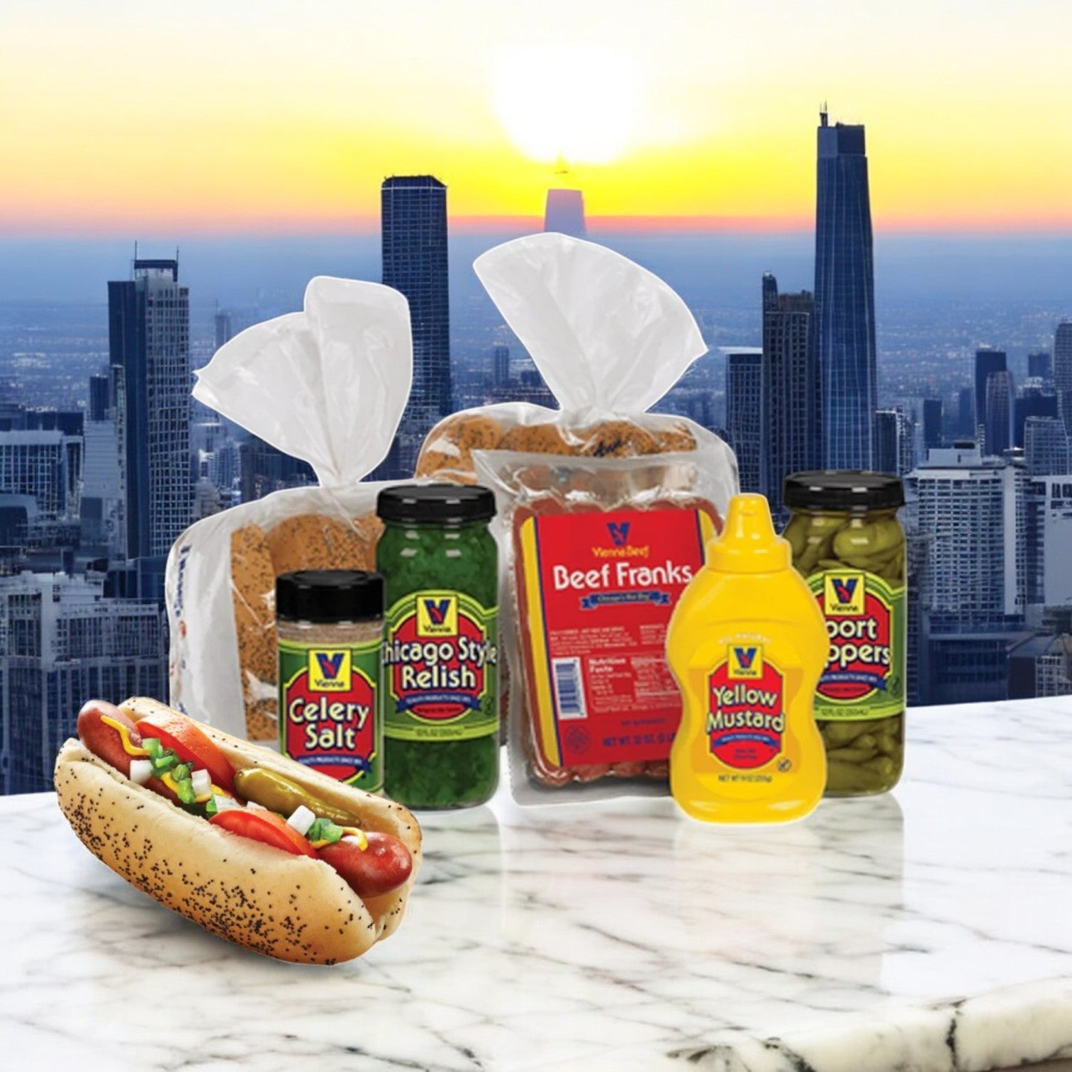 Portillo's 16 Italian Beef Combo & Vienna 16 Pack Hot Dog Kit by Easy Lunches rests on a marble surface with toppings, surrounded by seasoning jars and bread packs, against a city skyline. Experience authentic Chicago-style dining in every bite.