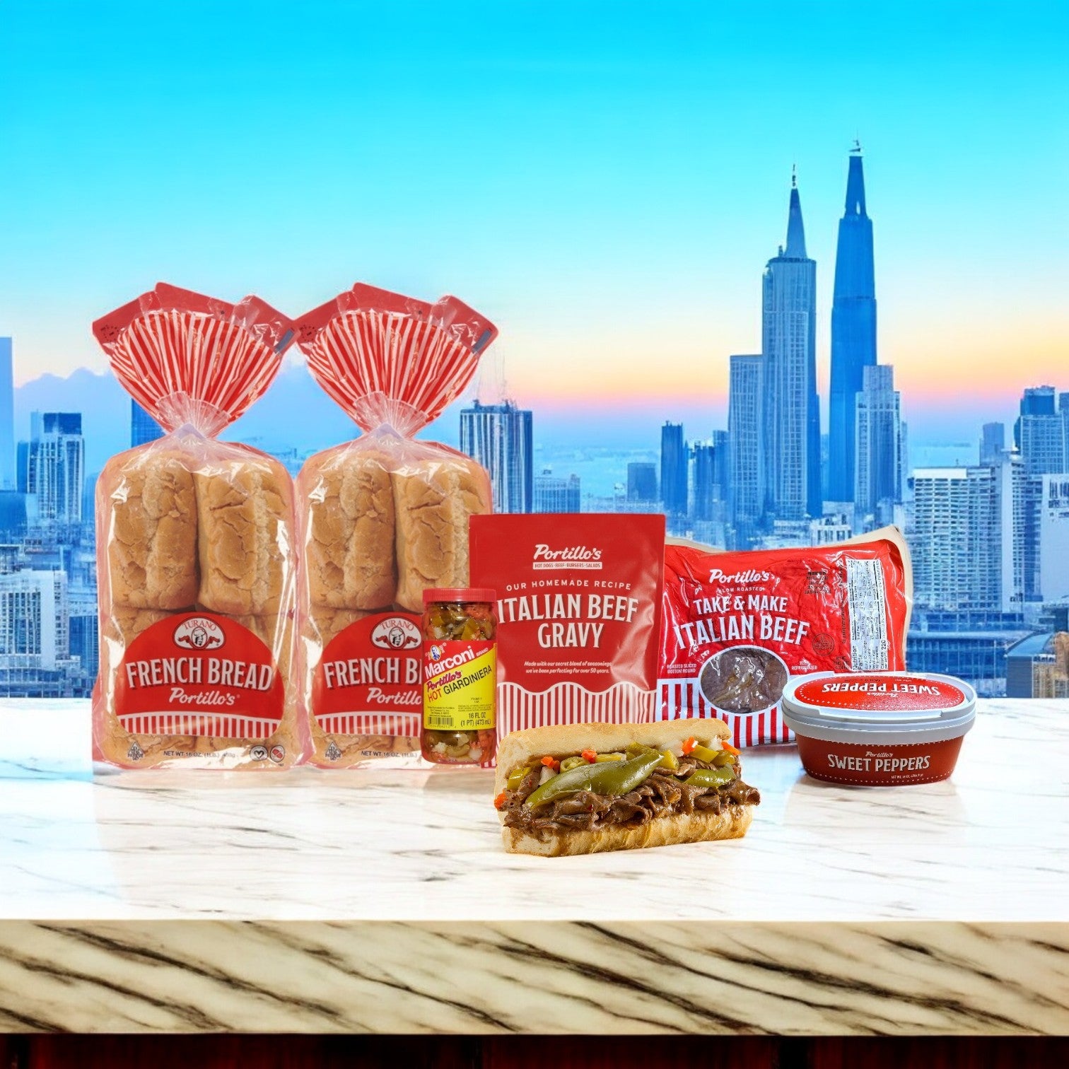 Portillo's 16 Italian Beef Combo & Vienna 16 Pack Hot Dog Kit from Easy Lunches, presented on marble against a city skyline, embodies Chicago-style dining with bread, gravy, sweet peppers, and sliced beef. Perfect for parties!.
