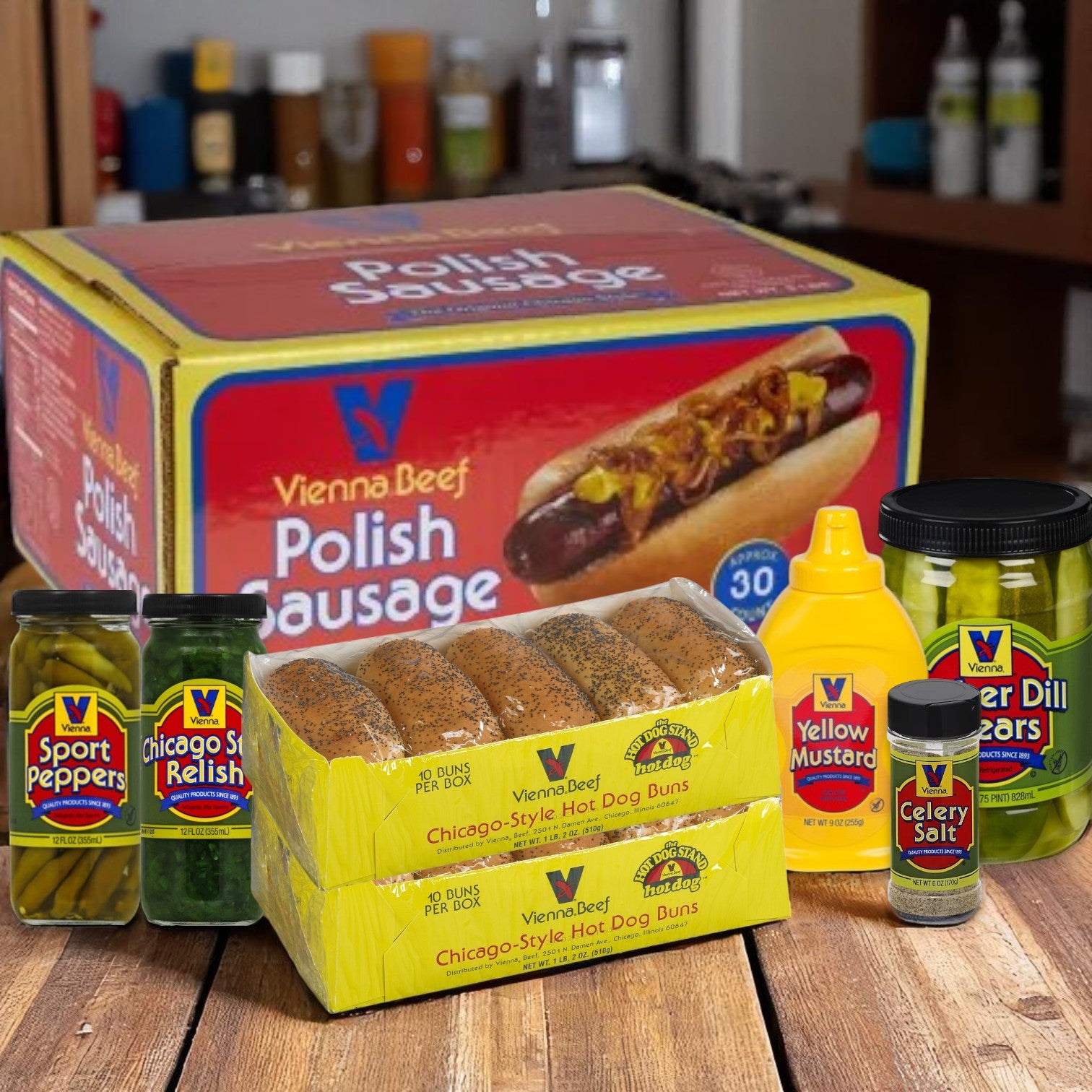 The Vienna Beef Chicago Vienna Polish Sausage Kit includes 30 Polish sausages, buns, and condiments—everything you need for perfect Chicago-style dogs.