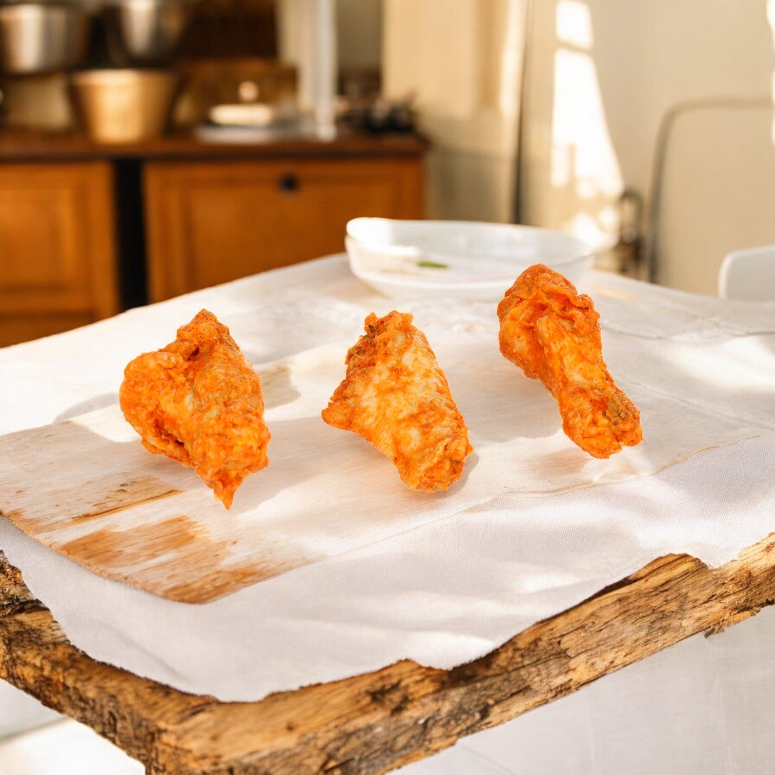 A wooden board holds three Sysco Classic Chicken Wings (fire cooked, 1&2 joints, small), with a white plate in the background.