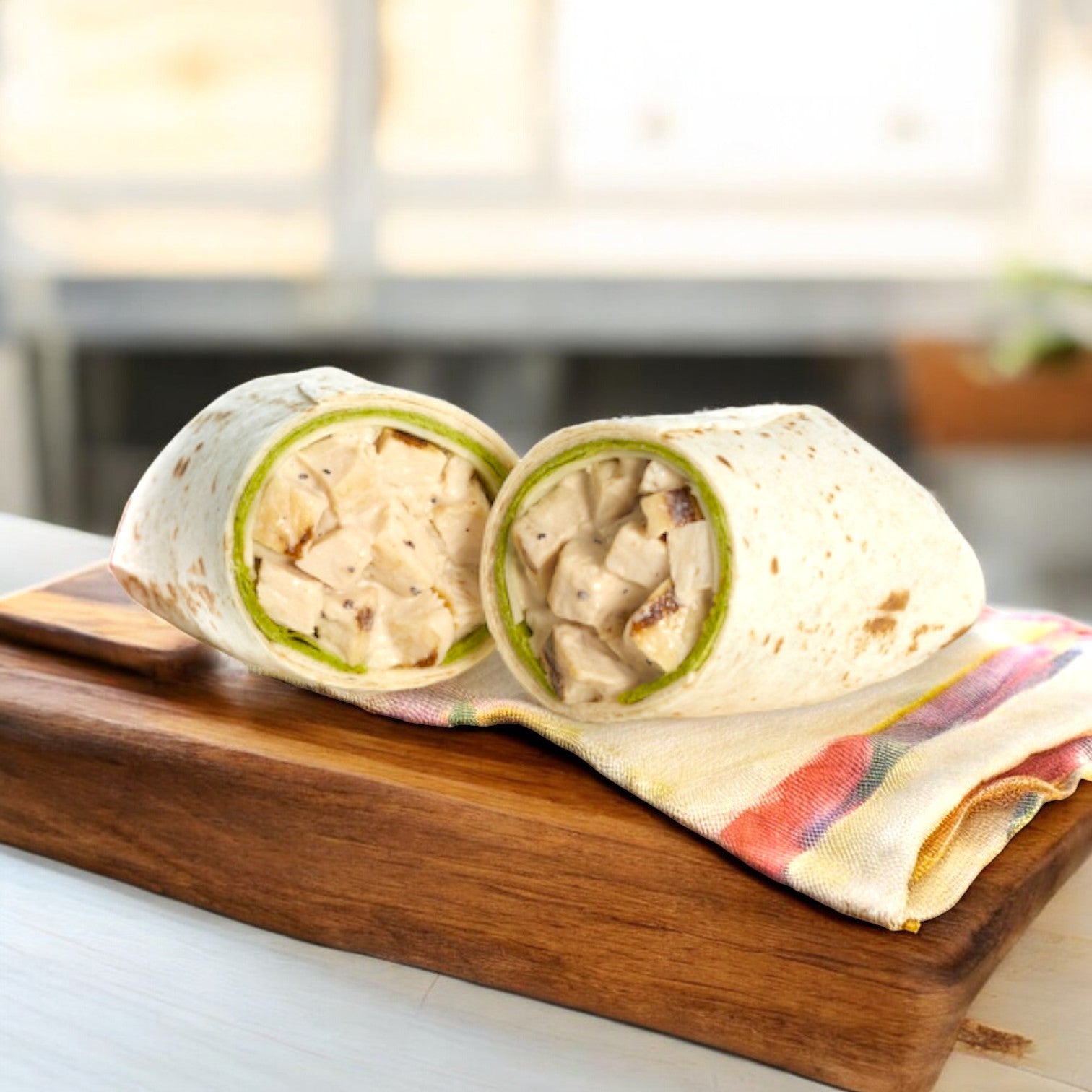 The E.A. Sween Chicken Caesar Wrap -1 Count- is served halved on a wooden board accented by a striped cloth, featuring succulent grilled chicken and enhanced with Caesar dressing. Ships frozen with a 30-day shelf life in the cooler!.