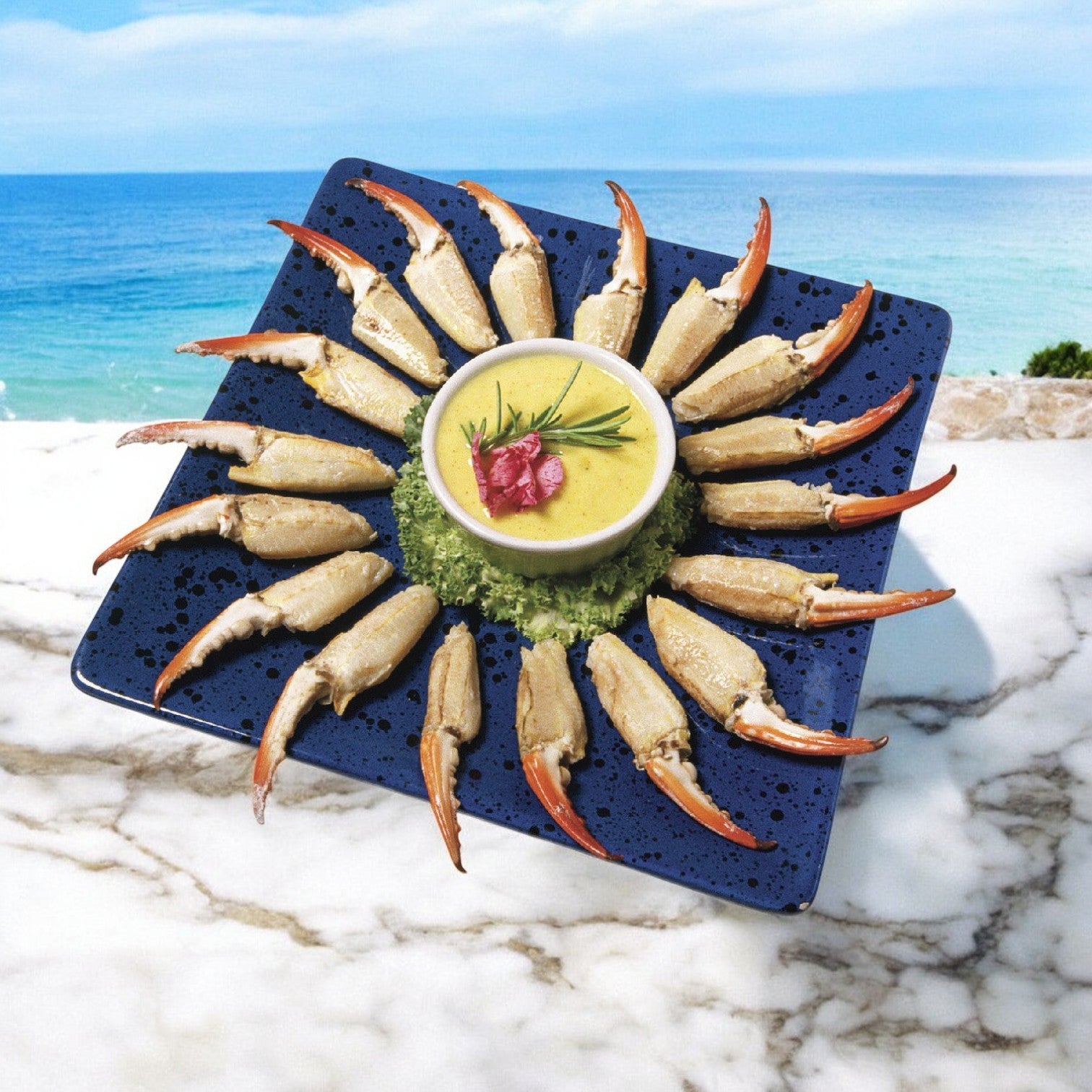 A circle of sustainably sourced Phillip Foods Crab Claw Fingers is placed around a bowl of yellow sauce, adorned with a flower and green herbs on marble, against a sea view backdrop.