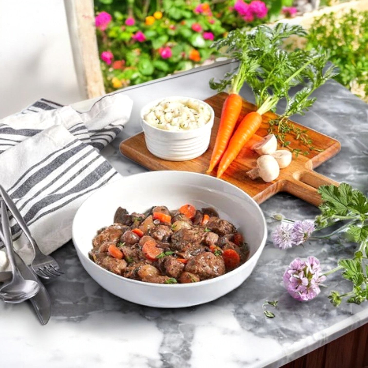 A bowl of Three Little Pigs – Sous-Vide Red Wine Braised Beef sits on a marble countertop. Nearby, fresh carrots, garlic, parsley on a cutting board, and a small bowl of rice invite the aroma of lemon & herb chicken flavors to add warmth to the kitchen.