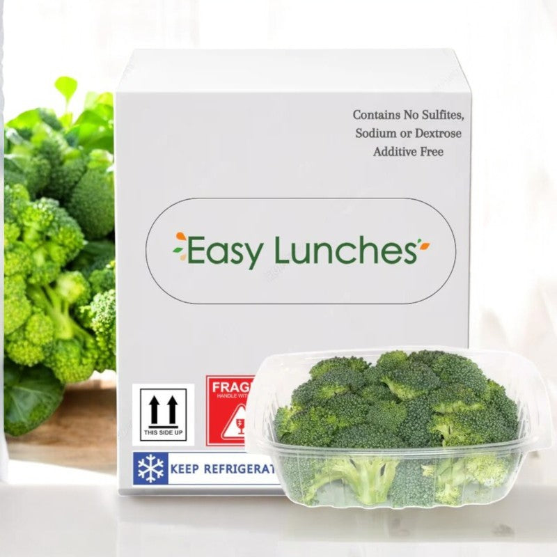 A box labeled "Easy Lunches" features a plastic container of nutrient-rich Broccoli Buds. The package declares "Contains No Sulfites, Sodium or Dextrose, Additive Free." Instructions advise to keep refrigerated and handle with care for optimal health benefits. Product is made to order with a 7-day shelf life upon receipt.