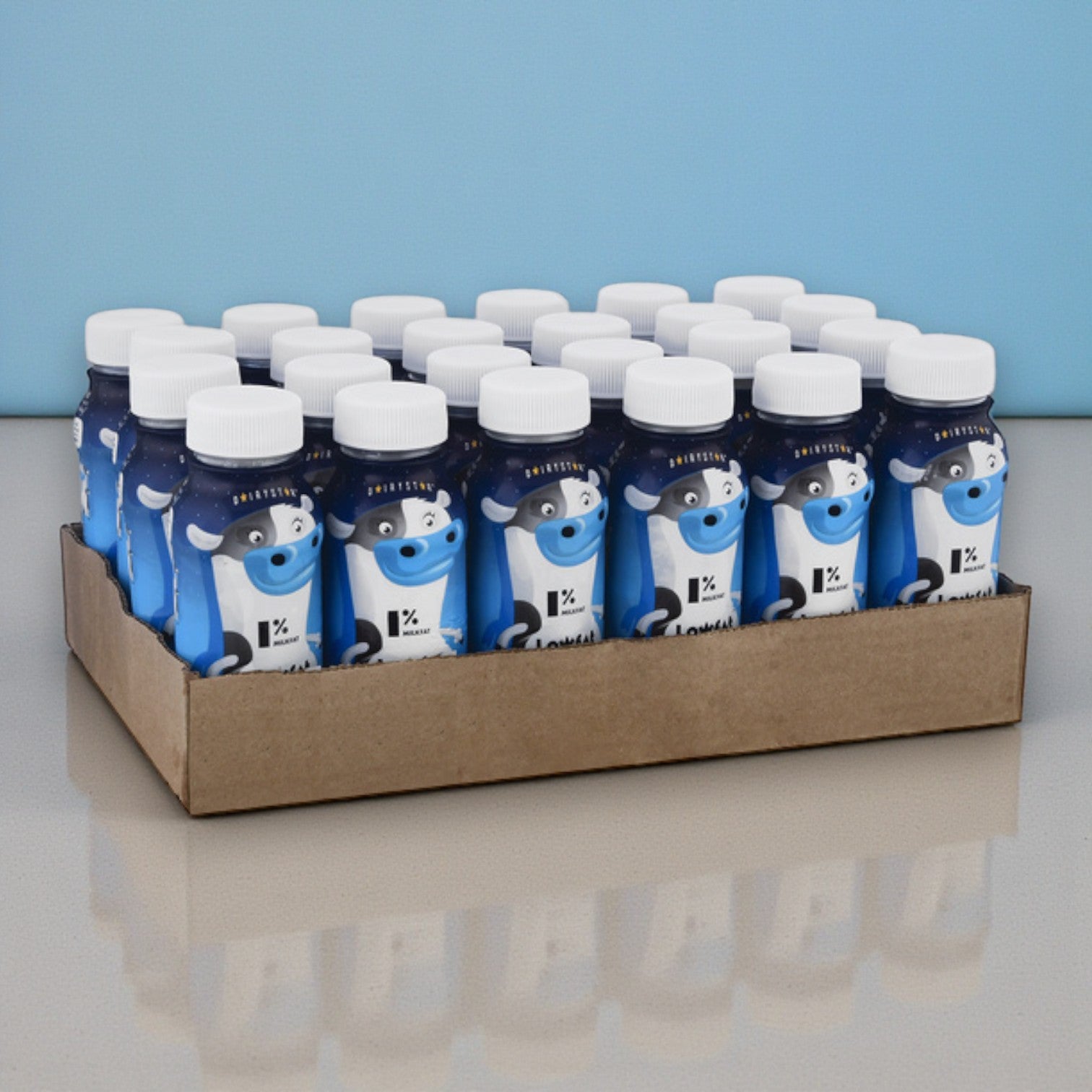 A cardboard tray holds 24 Dairy Star Low Fat 1% Milk 8 oz bottles, arranged in rows, each bottle with a white cap and blue-and-white label.