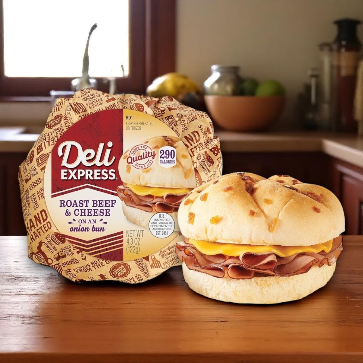 An E.A. Sween Deli Express Roast Beef & Cheese Sandwich – 4.3 oz, from the 10-count case, rests on a wooden table beside its packaging, highlighting this convenient ready-to-eat option.