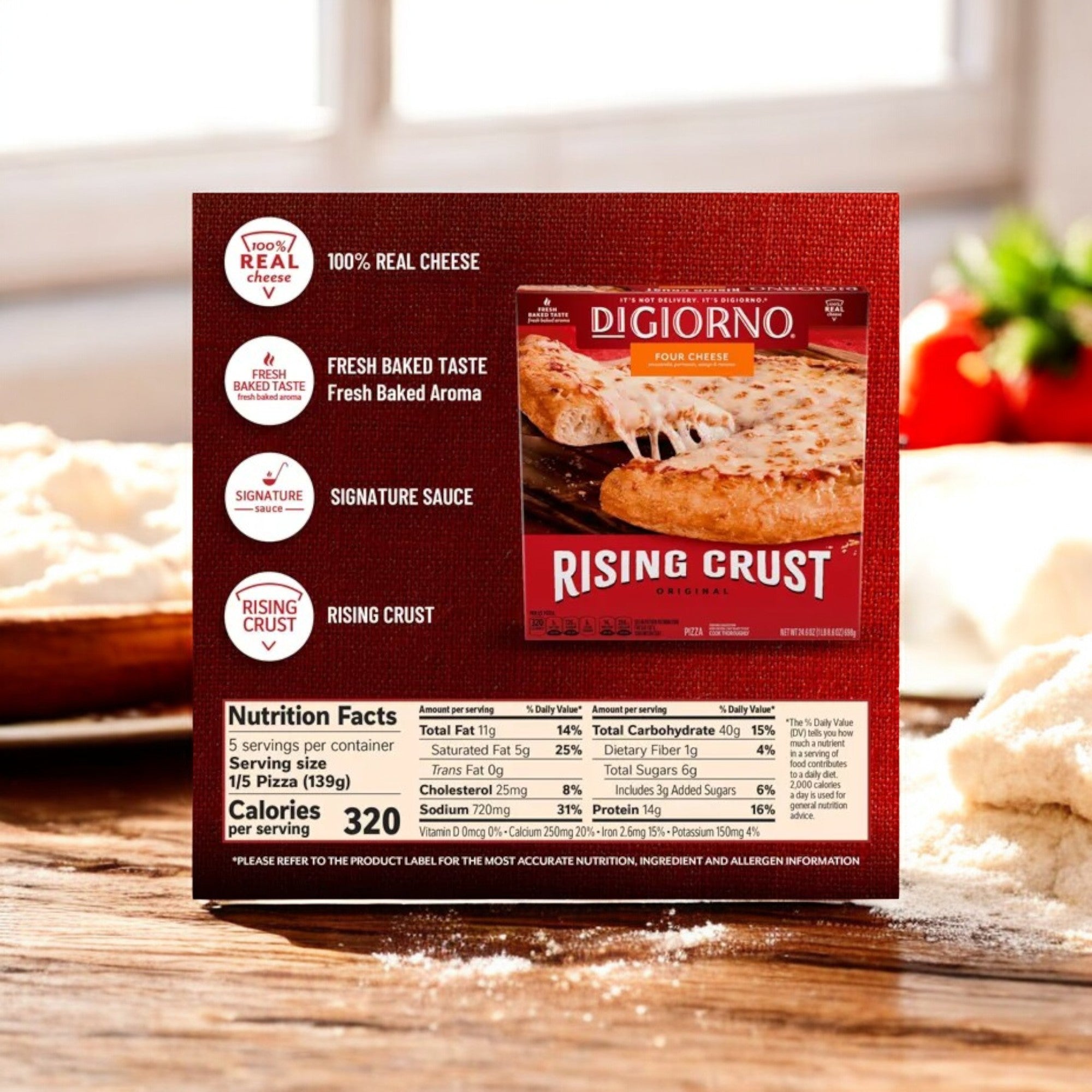 A DiGiorno Rising Crust Four Cheese Frozen Pizza (24.6 oz) rests on a wooden table, framed by a window. The image showcases the appealing packaging and emphasizes its nutritional facts, highlighting the use of 100% real cheese by the brand DiGiorno.