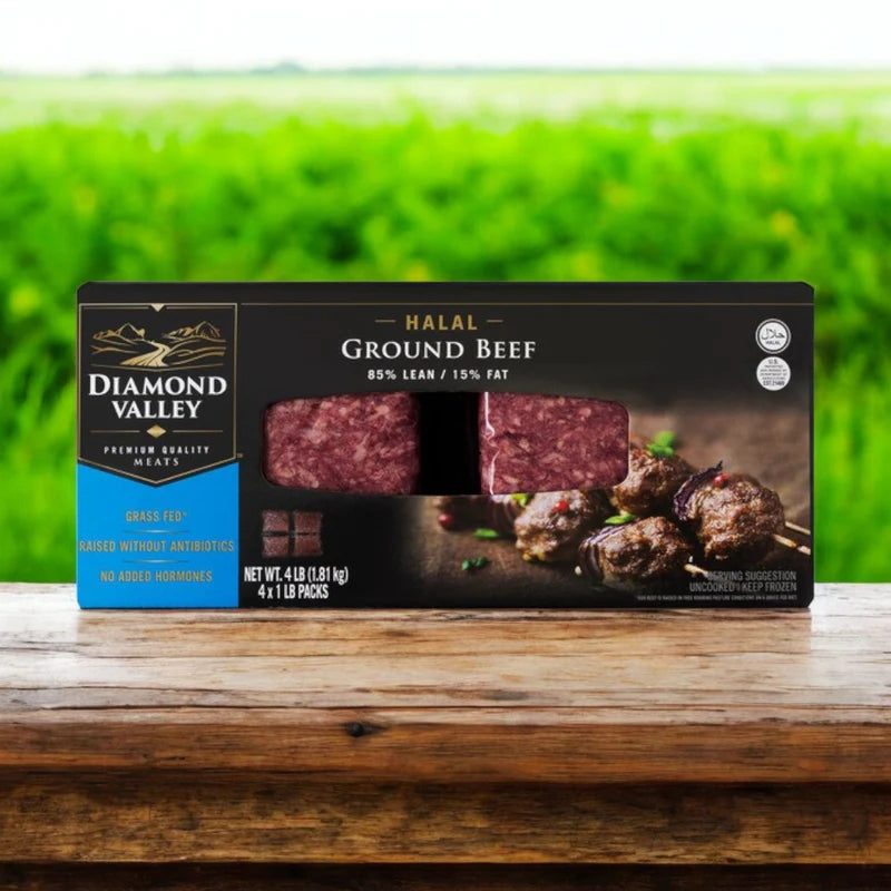 Diamond Valley Halal Ground Beef, 85% Lean, Grass Feed – 1 lb Chub (4 Pack)