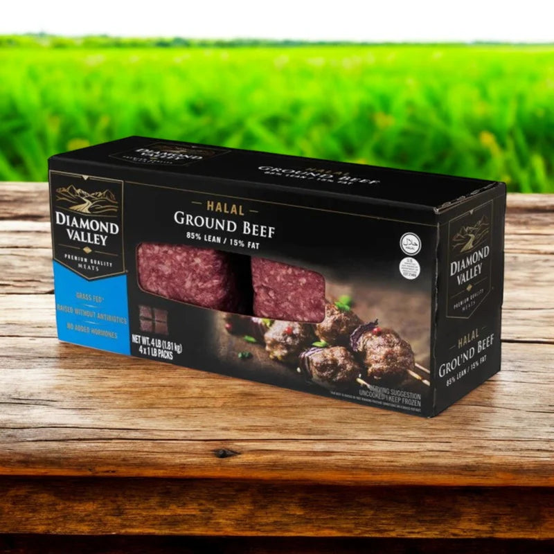 Diamond Valley Halal Ground Beef, 85% Lean, Grass Feed – 1 lb Chub (4 Pack)