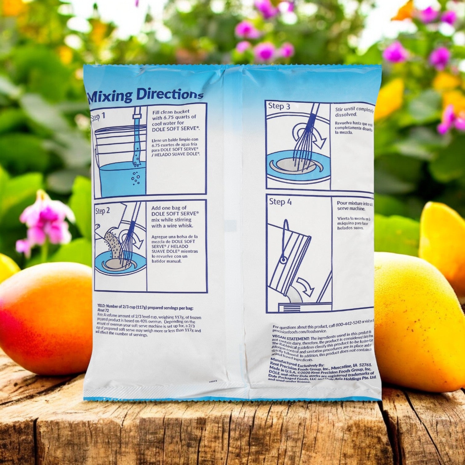The back of a Dole Soft Serve Mix Mango – 4 Bags (4.5 lbs Each) features illustrated mixing directions with text and diagrams, set against an outdoor scene with mangoes, flowers, and hints of real mango flavor.