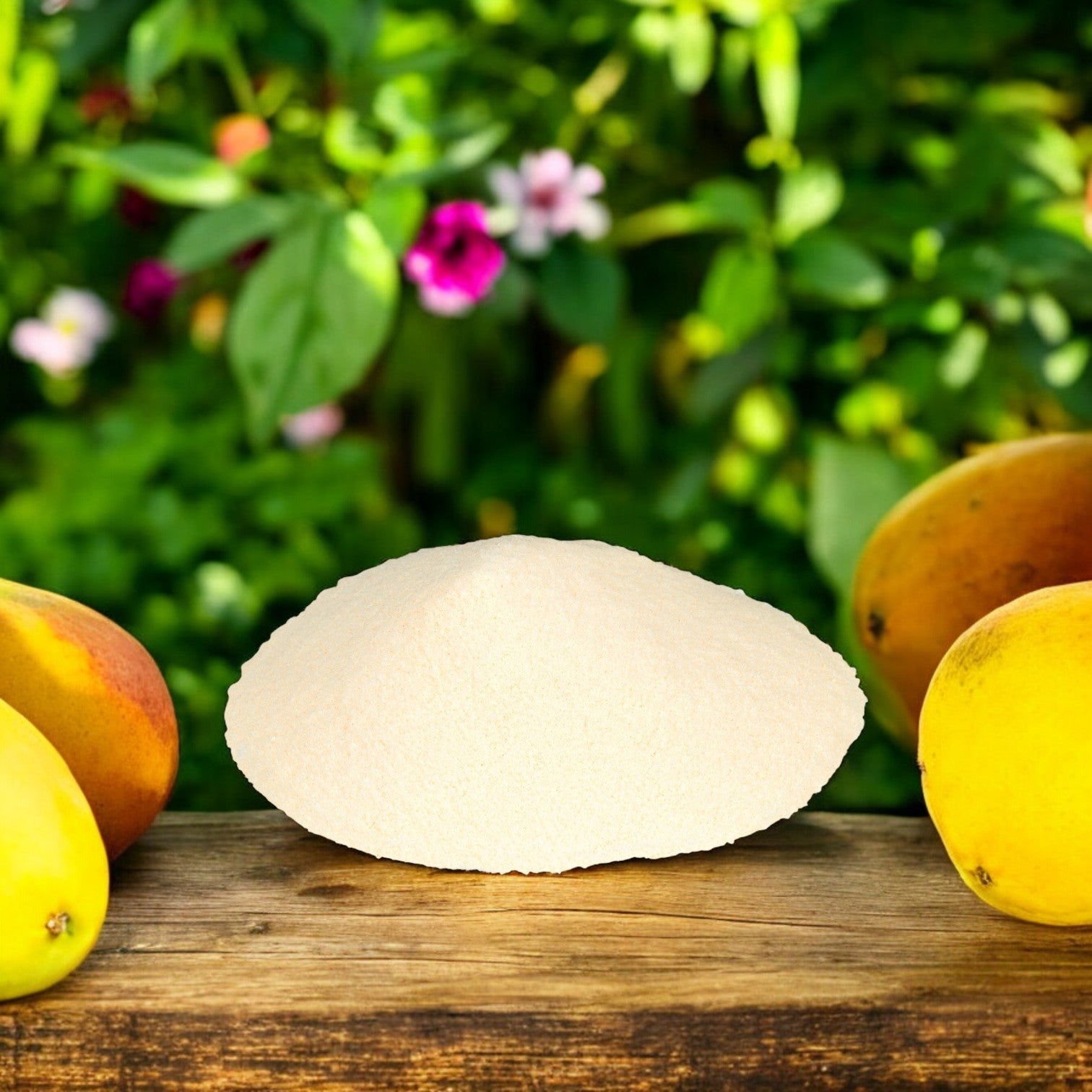 A mound of mango powder on wood, surrounded by whole mangoes, highlights the real fruit flavor of Dole Soft Serve Mix Mango – 4 Bags (4.5 lbs Each) by Dole, with green plants and pink flowers in the background.