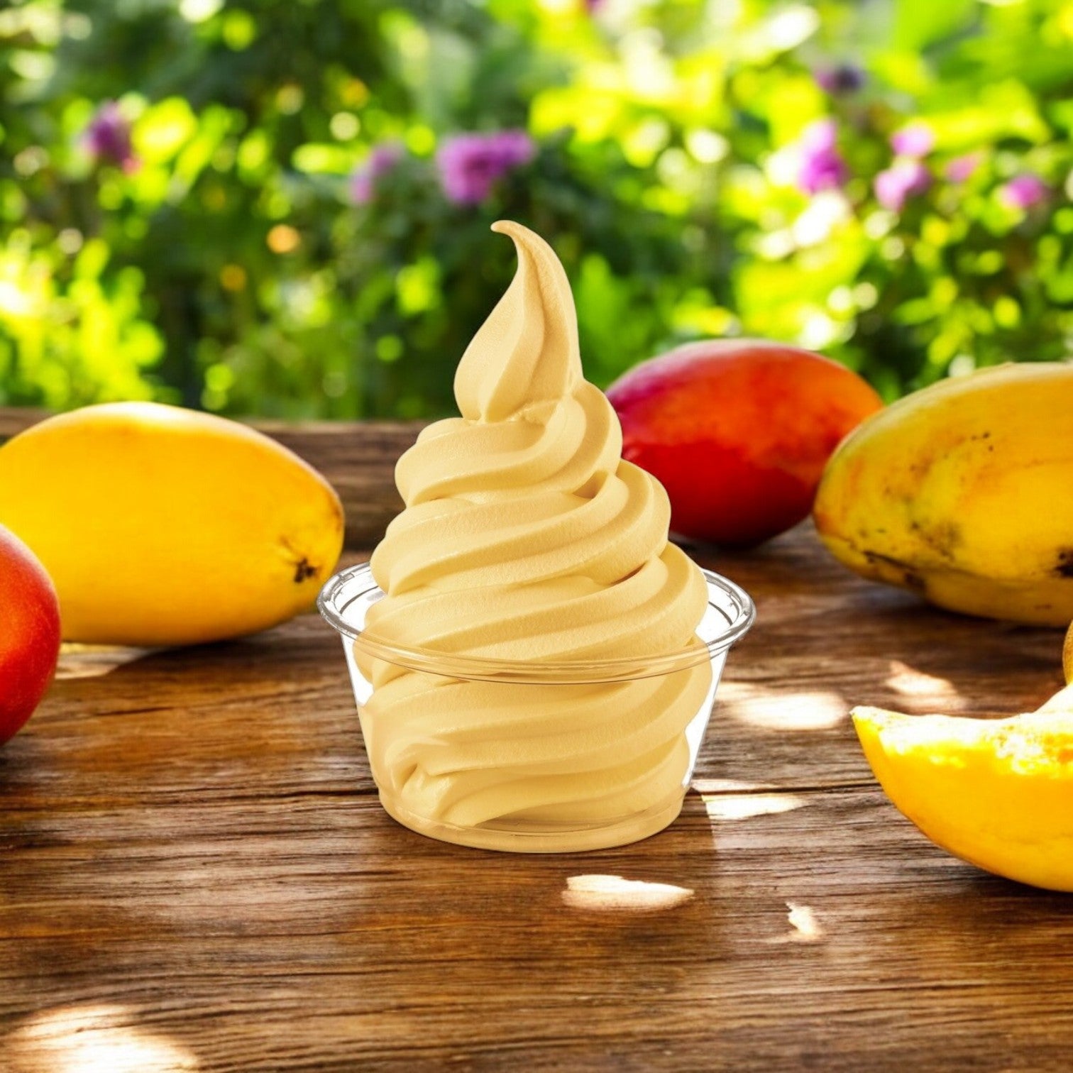 A cup of swirled mango soft serve made from Dole Soft Serve Mix Mango – 4 Bags (4.5 lbs Each) sits on a wooden surface, surrounded by fresh mangoes, highlighting the real fruit flavor from Dole.
