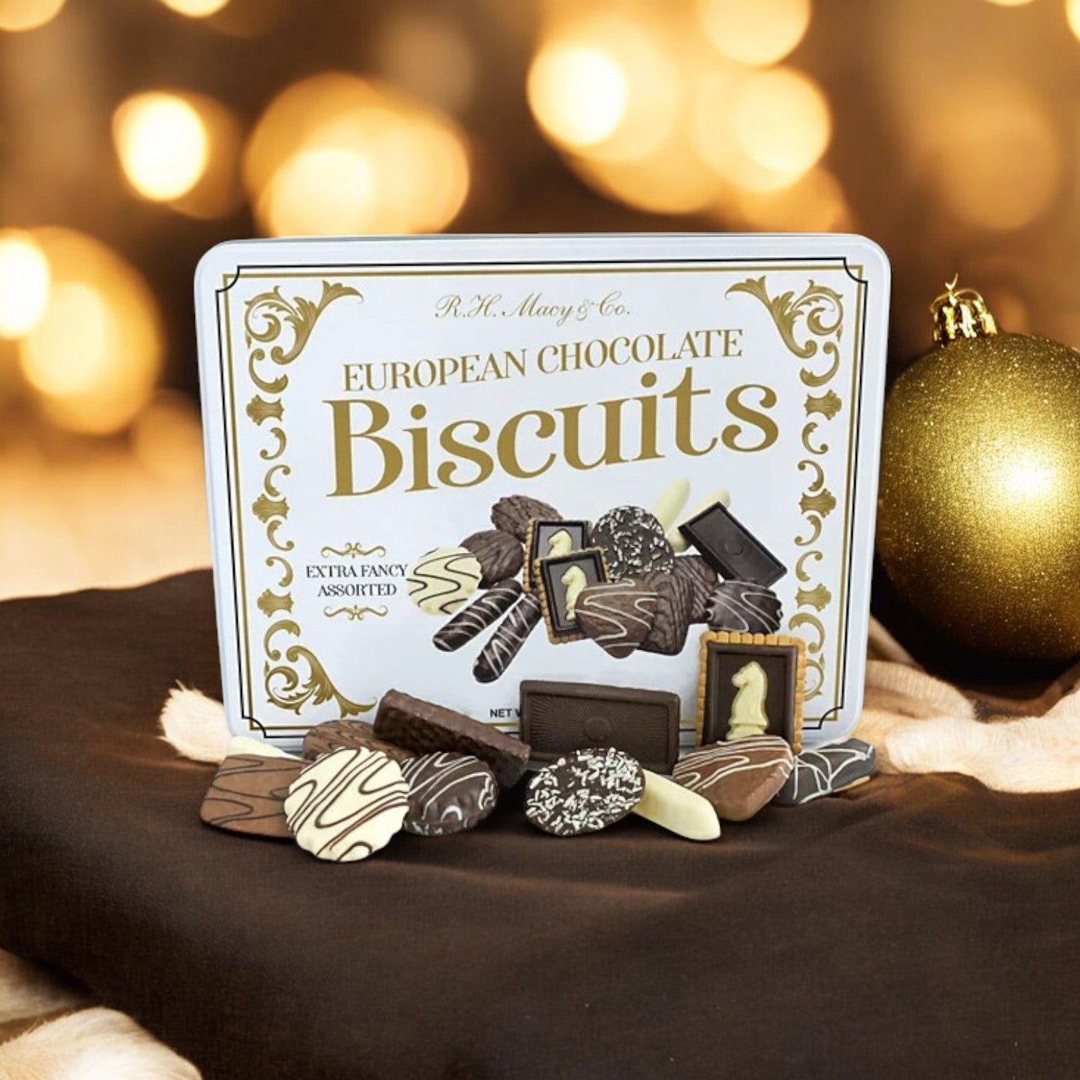 A tin labeled "R.H. Macy & Co. European Chocolate Biscuit Tin 17 oz." from Macy's, featuring an assortment of chocolates, is gracefully displayed on a brown and beige fabric alongside a golden ornament.