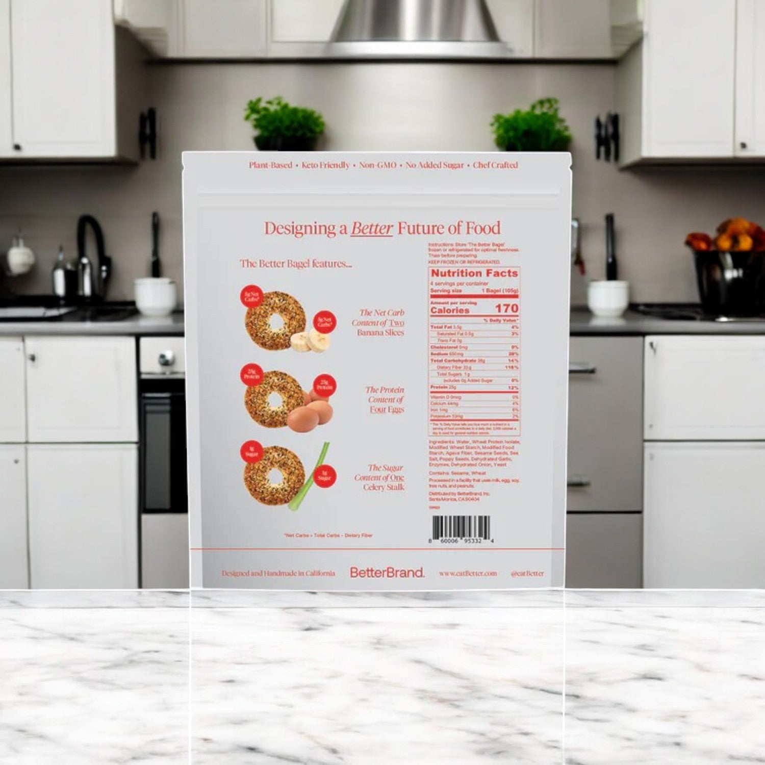 A BetterBrand - The Everything Better Bagel nutrition label and feature list are on a kitchen counter, showcasing its low carb and high protein benefits, with cabinets, stove, and appliances in the background. In stock—ships now!.