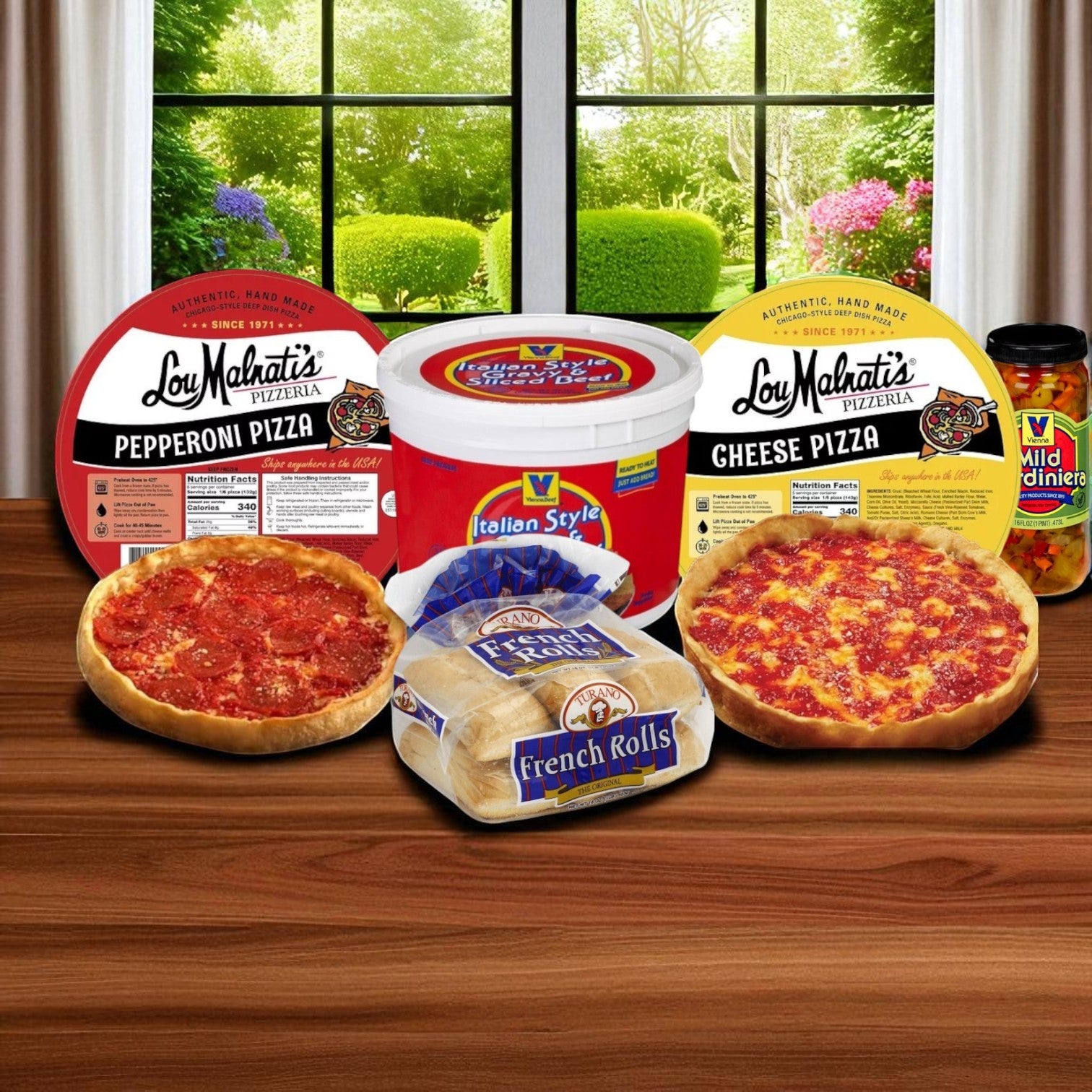 A display of Easy Lunches’ Chicago’s Best Combo Kit—Lou Malnati’s Deep Dish pizza and Vienna Italian Beef—with rolls, giardiniera, and Italian spread on a wooden table, ready for your own Chicago feast.