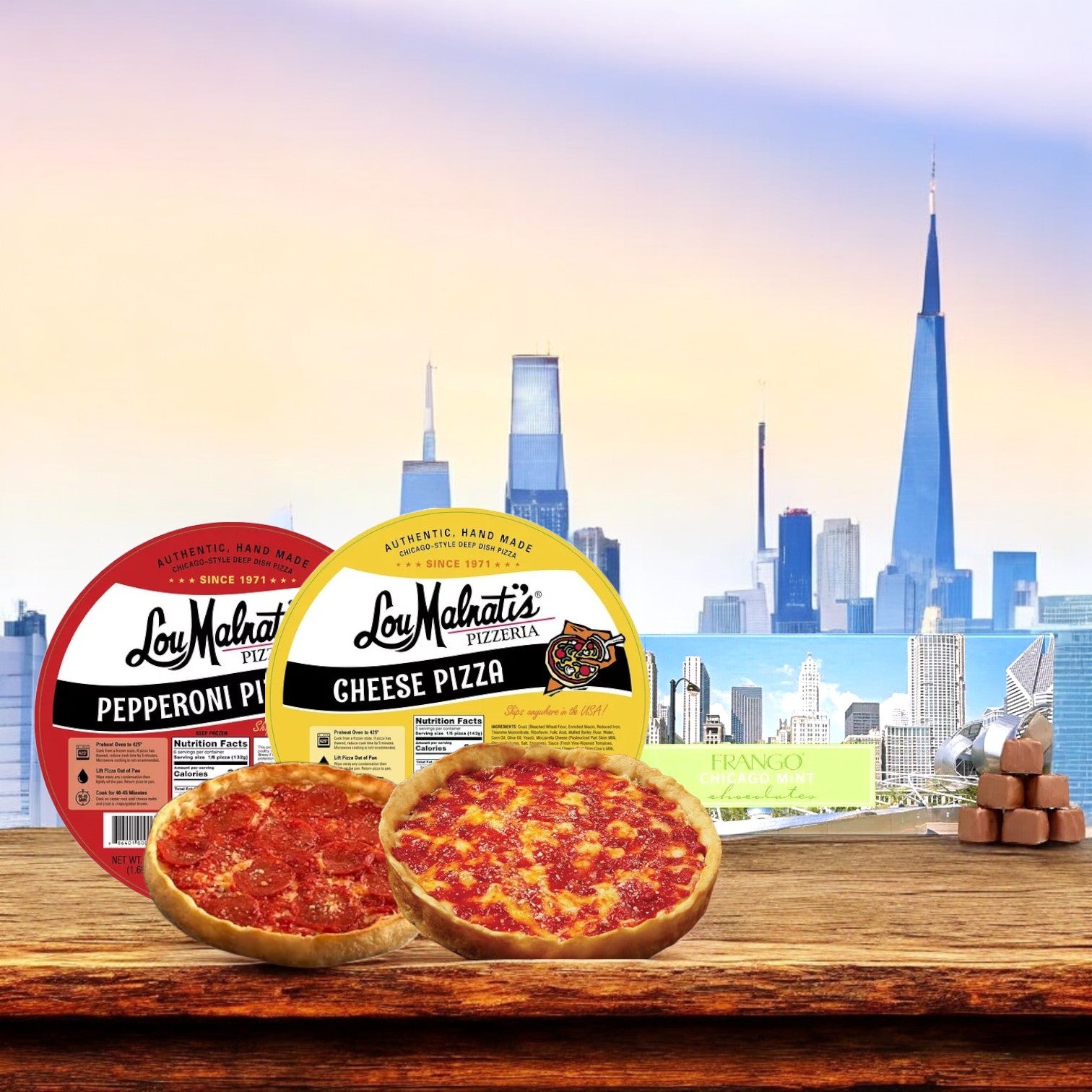 Two boxes from the Lou Malnati's Deep Dish & Frango Mints - 3 Pack Combo, one featuring a pepperoni pizza and the other a cheese pizza, are beautifully displayed with their mouthwatering deep dish pizzas. The iconic Chicago skyline in the background provides an ideal backdrop for savoring these classic flavors by Easy Lunches.