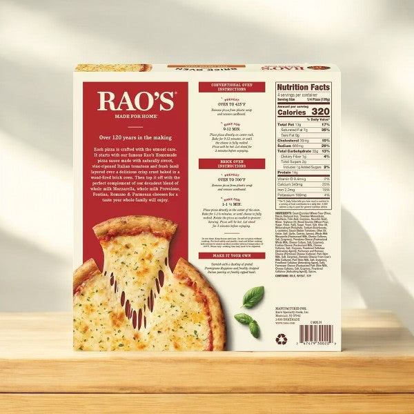 Back of a Rao’s Made for Home Brick Oven Crust 5 Cheese Frozen Pizza (19 oz) box, showing gourmet cheese pizza details, baking instructions, nutrition facts, and a sliced pizza image on a wooden surface.
