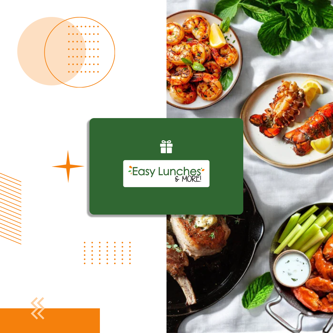Collage featuring Giftnote's Easy Lunches Gift Card branding on the left and plated meals with shrimp, lobster, and meat on the right.