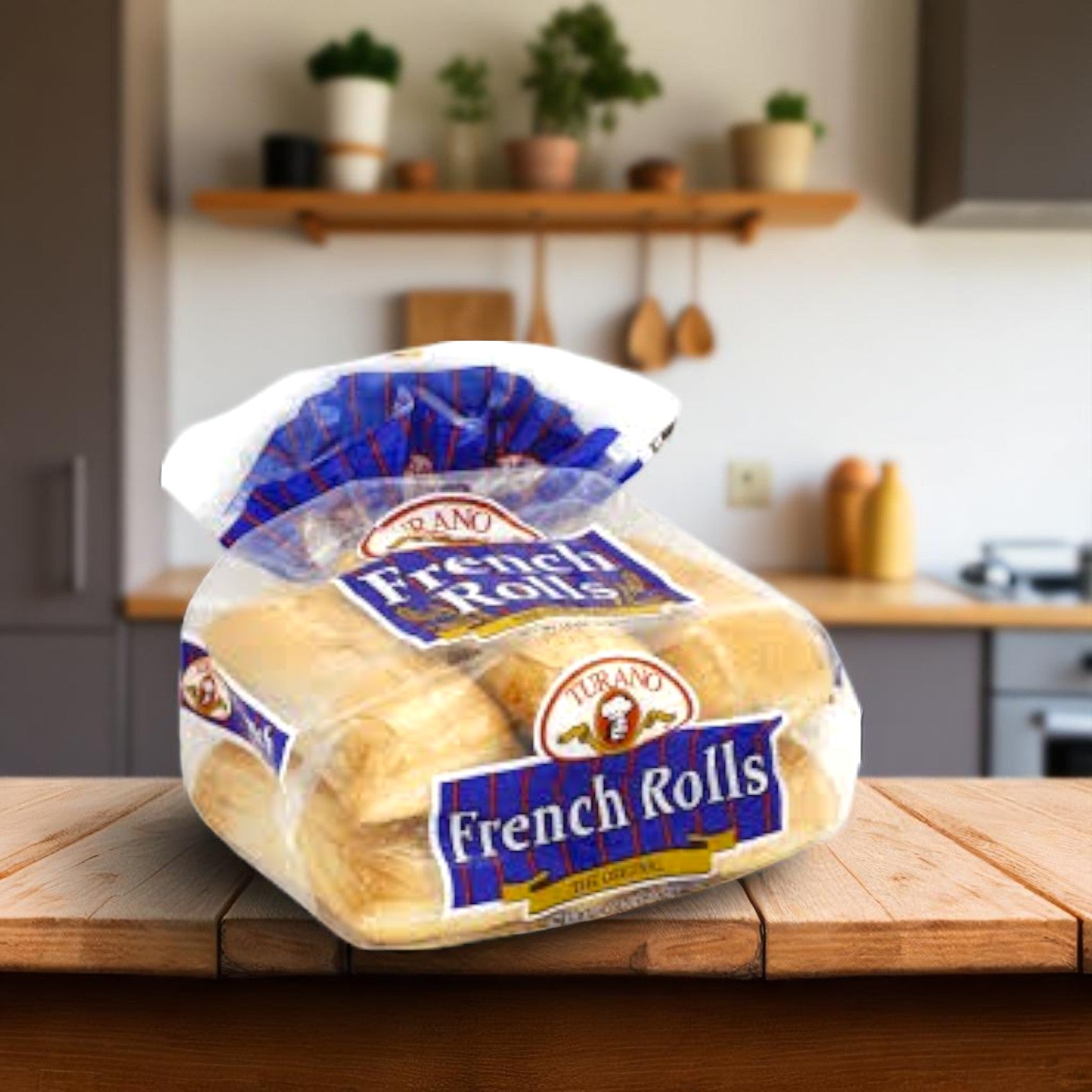 A Buona Italian Beef Party Kit with 24 sandwich servings, featuring Turano® rolls and Marconi Giardiniera, sits on a wooden kitchen counter, ready for your next gathering, with shelves and plants in the background.