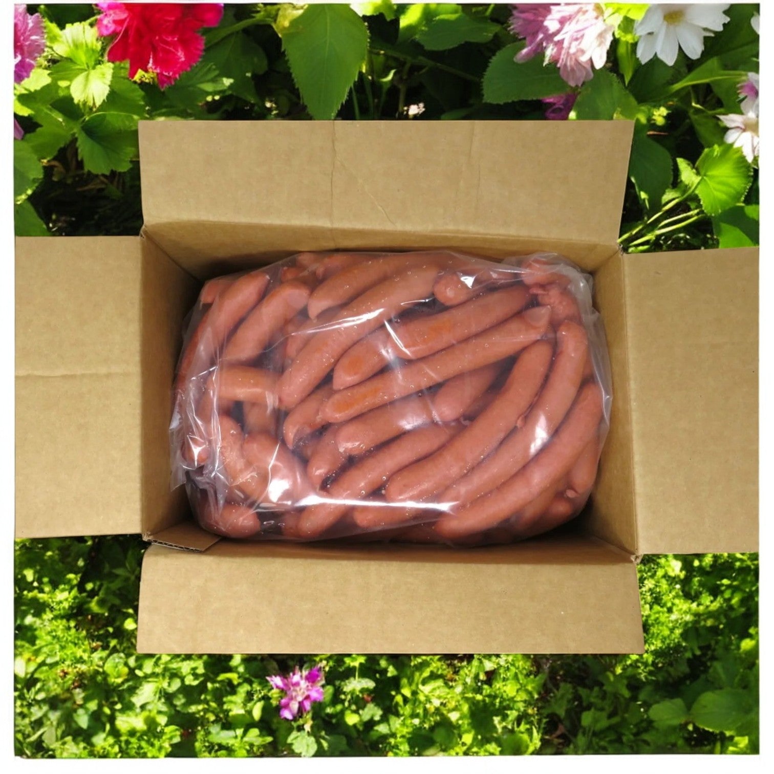 An open box of Vienna Beef All-Beef 5:1 Hot Dogs (2 bags, 5 lbs each—50 hot dogs) sits outdoors among green plants and colorful flowers, with the hot dogs visible in a clear plastic bag.
