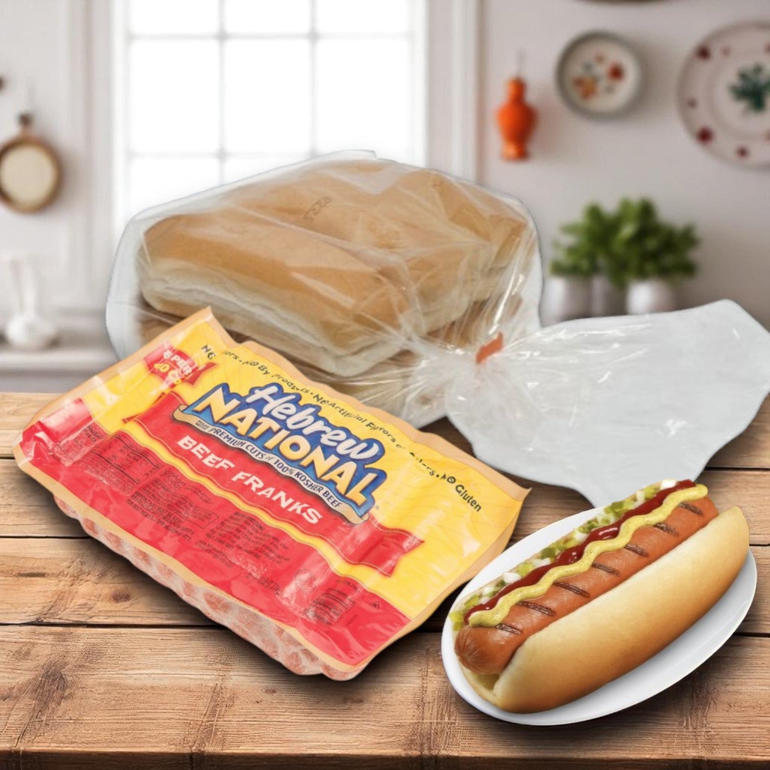 On the kitchen table are a Hebrew National All Beef Frankfurter & Bun Bundle (4 packs, 5 lbs each), an open bag of buns, and a prepared hot dog with mustard on a plate.