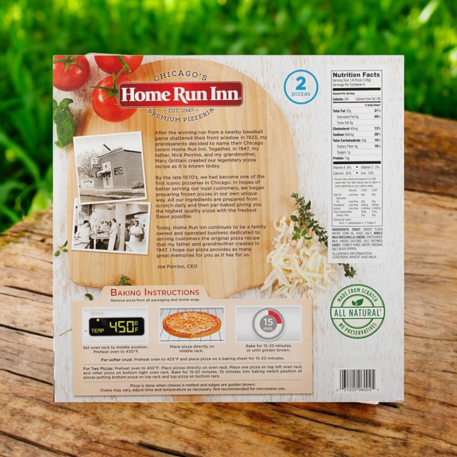 Back of a Home Run Inn Classic Cheese Pizza – 27 oz (3 Pack, 6 Total Pizzas) box on wood, with baking instructions, nutrition facts, company story, and "All Natural" label. Enjoy the signature buttery crust in every Home Run Inn cheese pizza slice.
