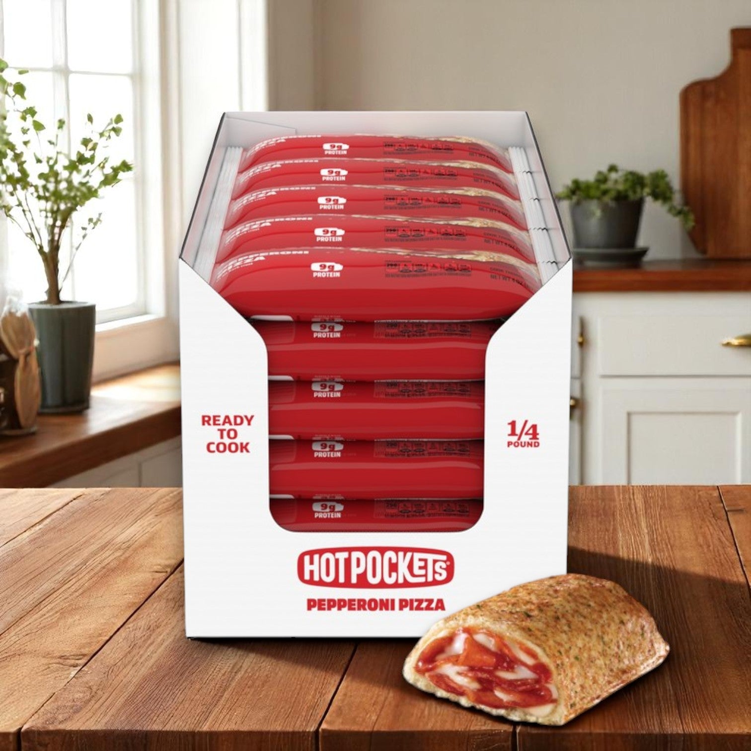 A box of Easy Lunches Hot Pocket Sandwich Stuffed Pepperoni Pizza, 30 Pack 4 OZ, sits on a wooden counter with several packaged sandwiches displayed and one crispy cooked Hot Pocket in front.