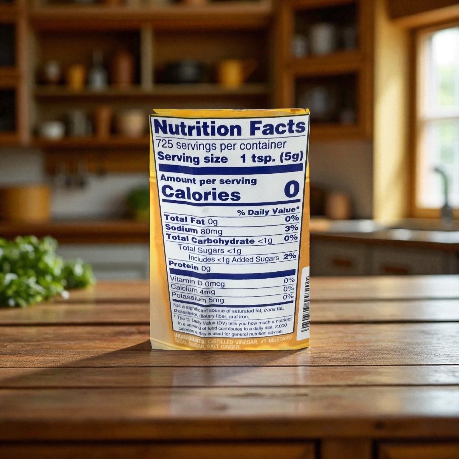 The nutrition label on Easy Lunches Vienna Dusseldorf Mustard 1 Gallon Jar shows per 1 tsp: 0 calories, 0g fat, 8mg sodium, and 0g carbs. Each jar contains about 725 servings. Kitchen background.