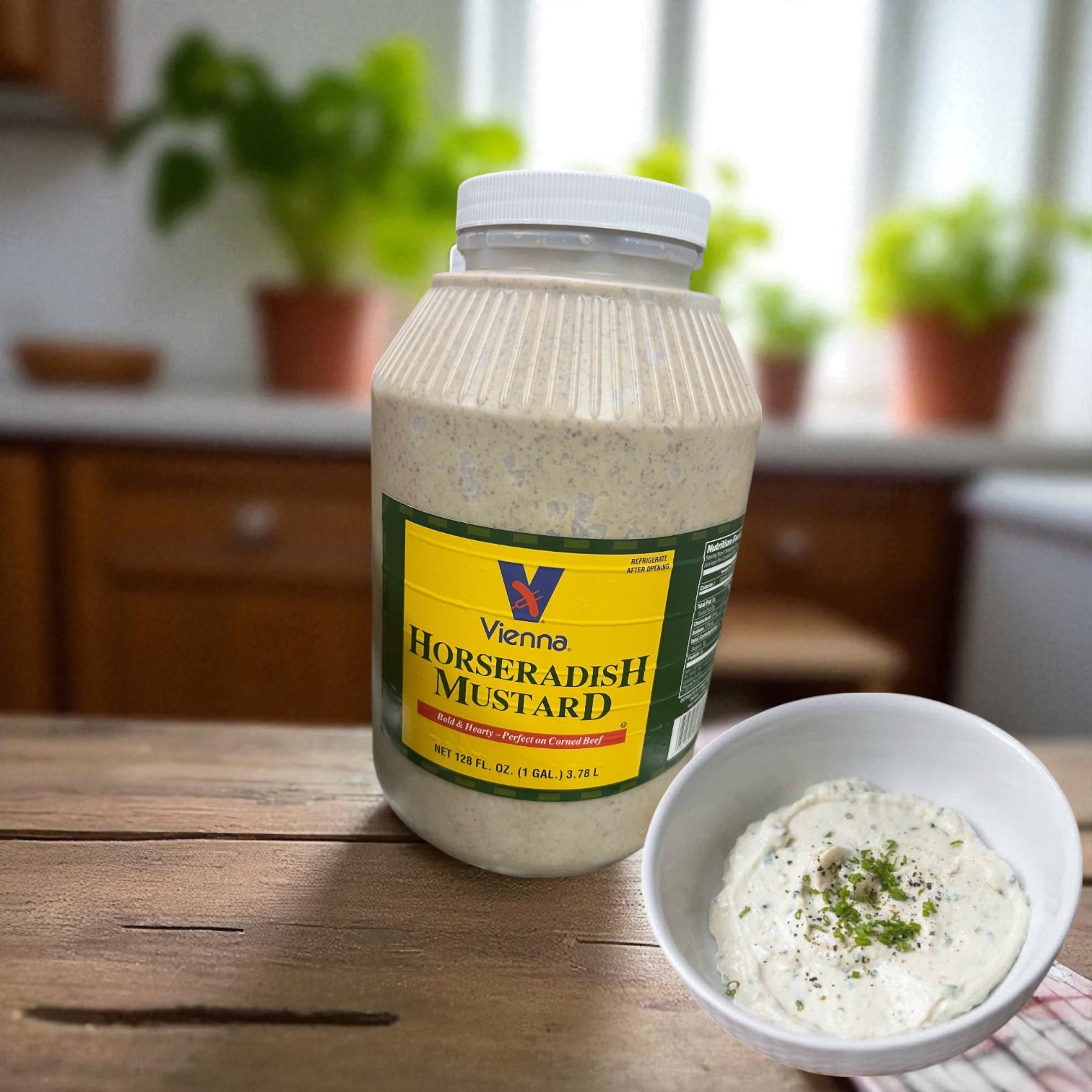 A 1-gallon jar of Vienna Beef Horse Radish Mustard rests on a wooden table, beside a bowl of creamy dip—ideal for Chicago-style hot dogs. The blurred kitchen background sets the scene.