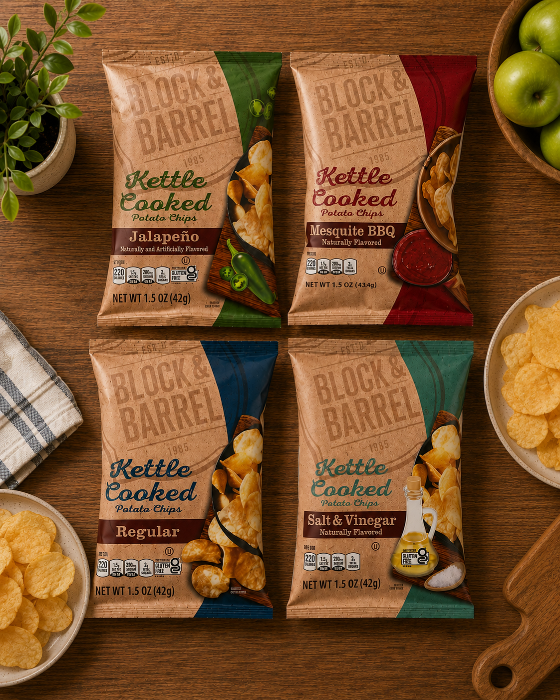 Block & Barrel Kettle Potato Chips – Variety Pack, 48 Bags (1.5 oz Each, 1 Case)