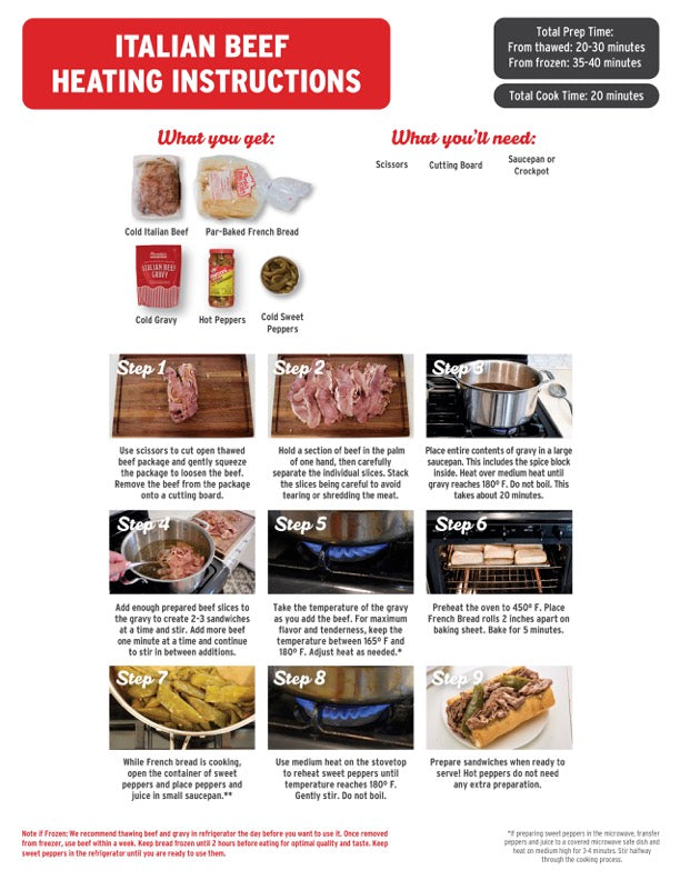 Instructions for heating Portillo’s 16 Italian Beef Sandwich Combo—Perfect For Parties!—with ingredients, required tools, step-by-step directions, prep/cook times, and images for each step.