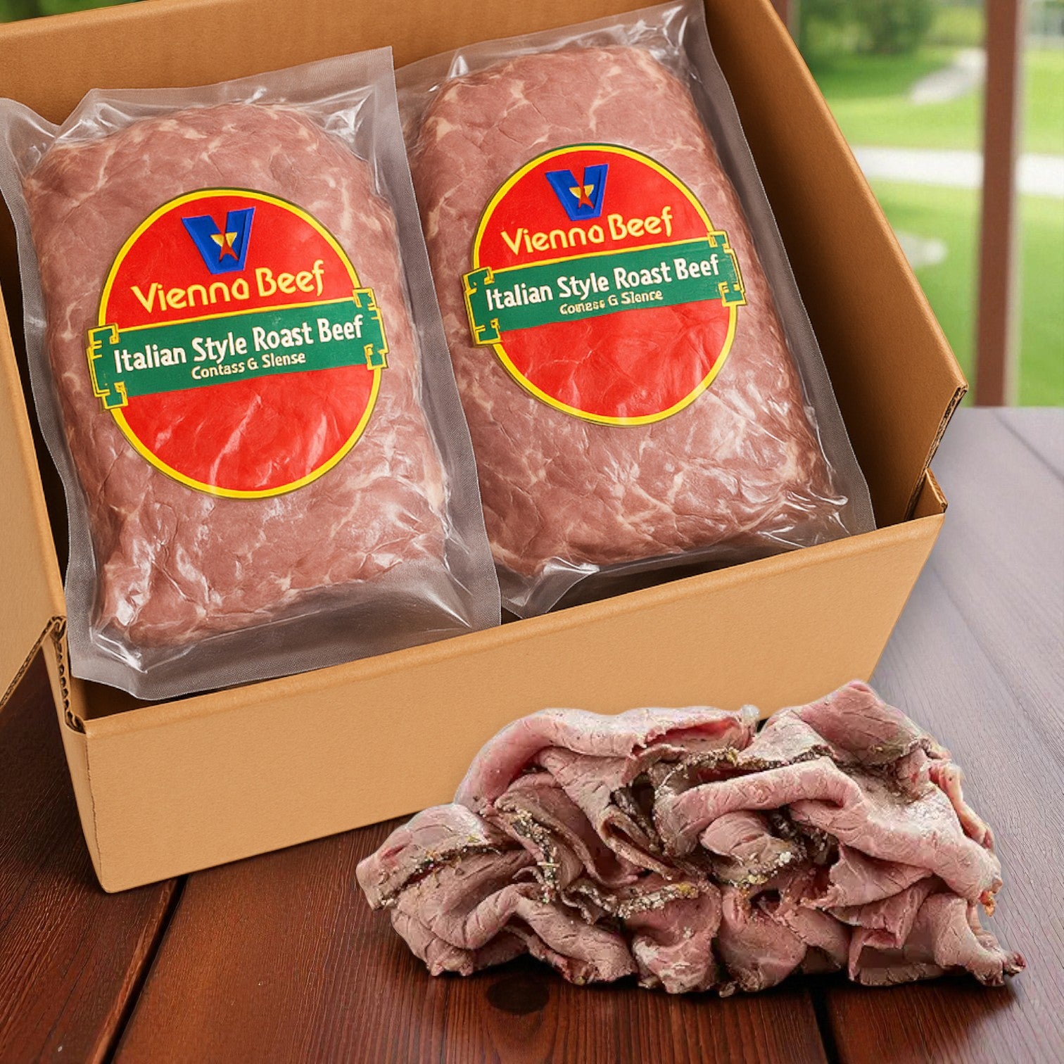 A box of Vienna Beef Italian Style Roast Beef contains ten 3-pound packs (30 lbs total), with slices of the brand's roast beef displayed on a wooden surface.