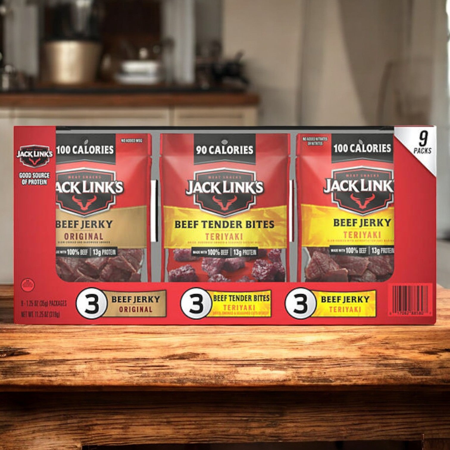 A 9-count Jack Link's Beef Jerky Variety Pack, featuring Original and Teriyaki flavors plus Teriyaki Beef Tender Bites, crafted from premium beef for a high-protein snack, displayed on a wooden surface.