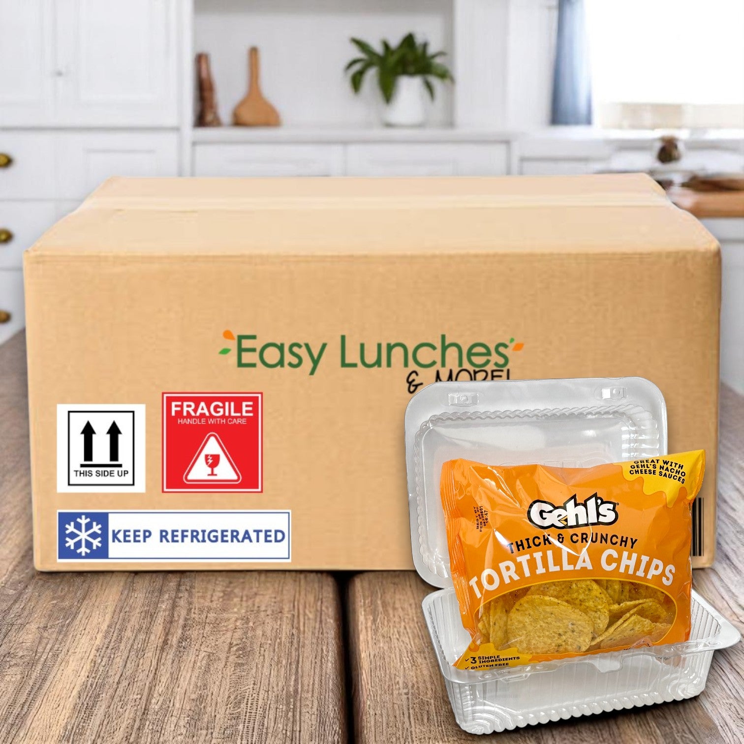 A large shipping box labeled "Easy Lunches" sits on a kitchen counter, with a pack of Gehl's Tortilla Chips with Cheese Tray – 3 oz, 30 Count in front—ideal for quick snacks or to serve on your cheese tray.