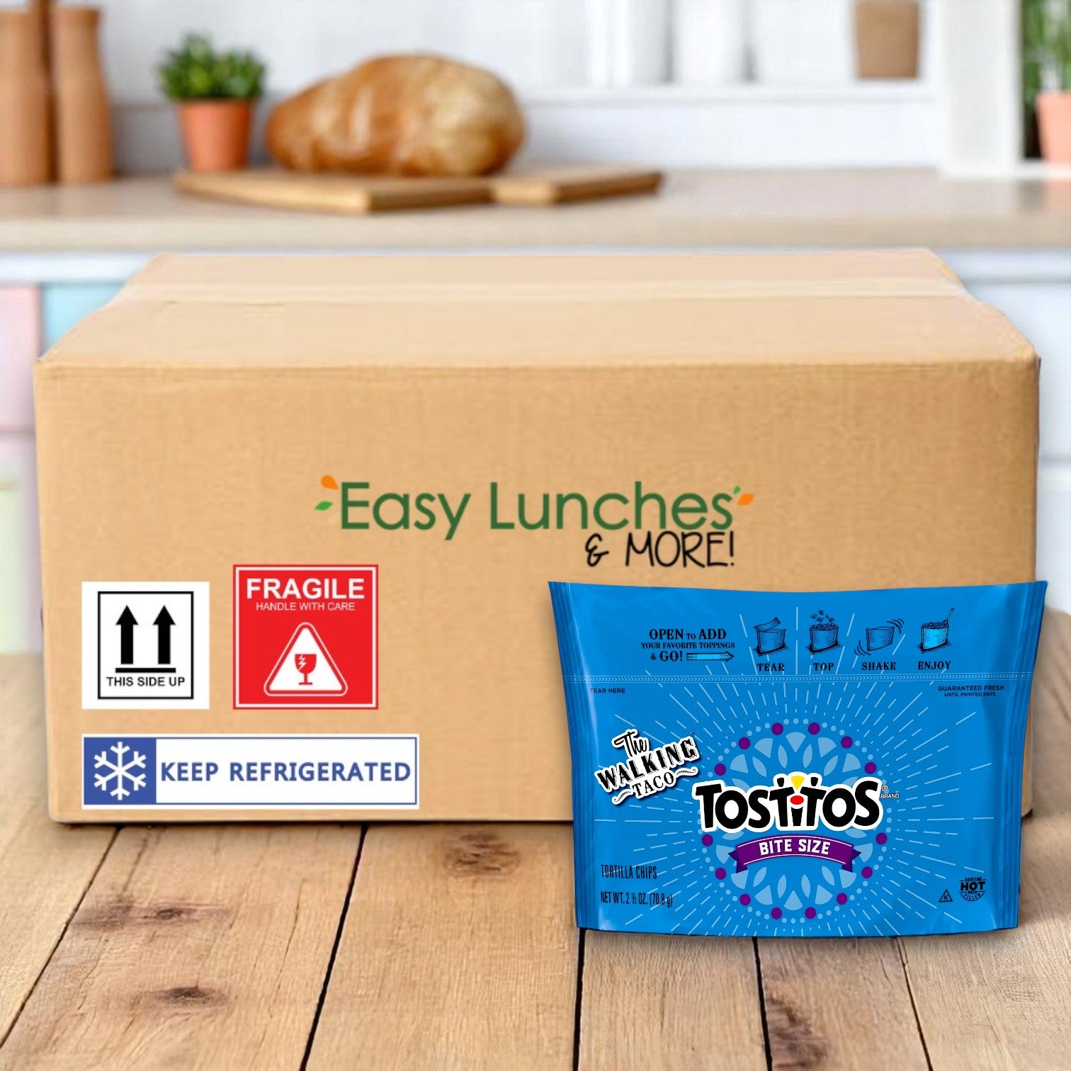 A box labeled "Easy Lunches & More!" sits beside a bag of Tostitos® Tortilla Chips Rounds – 18 Pack of 2.5 oz Bags for Dippable Snacking Delight! and bulk nacho cheese sauce—ideal for concession stands. Stickers say "Keep Refrigerated.