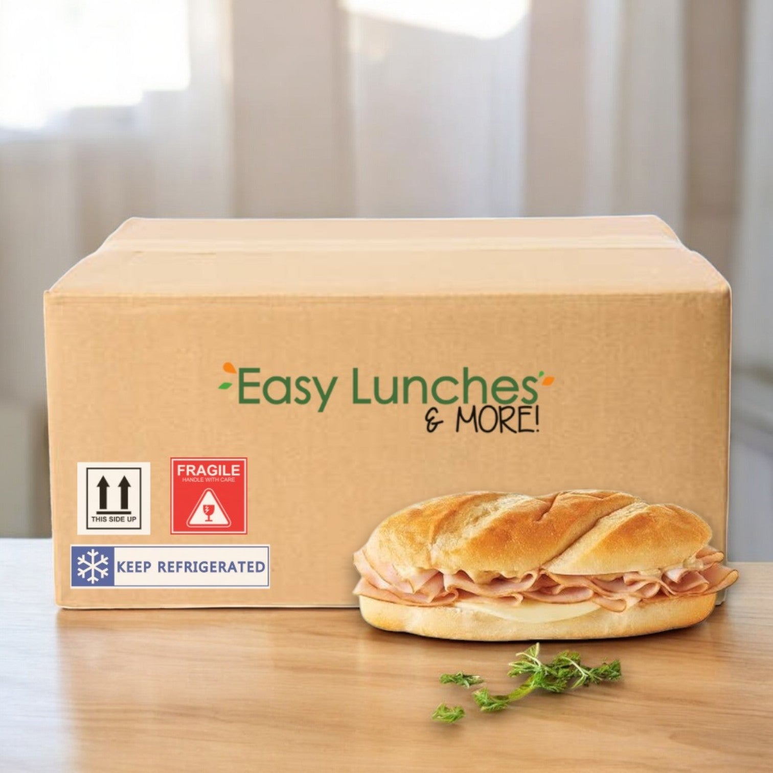 A cardboard box labeled "E.A. Sween Easy Lunches & MORE!" sits by a Smoked White Turkey & Provolone Cheese Sub, with "Fragile" and "Keep Refrigerated" stickers—contains 8 subs per case, ships frozen, and lasts 30 days in the cooler.