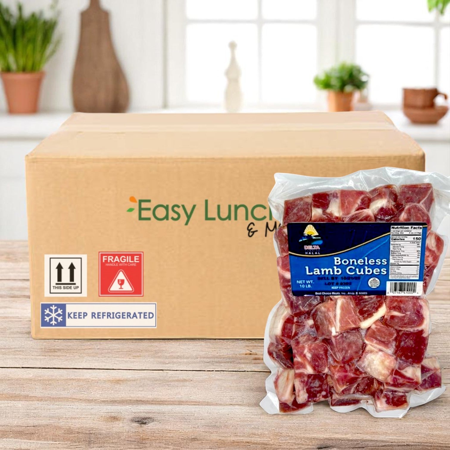 A cardboard box labeled "Easy Lunch" sits on a kitchen counter next to a vacuum-sealed pack of Restaurant Depot Boneless Lamb Cubes, 1-1.5", Halal, Australia—10 lbs, 1 case.