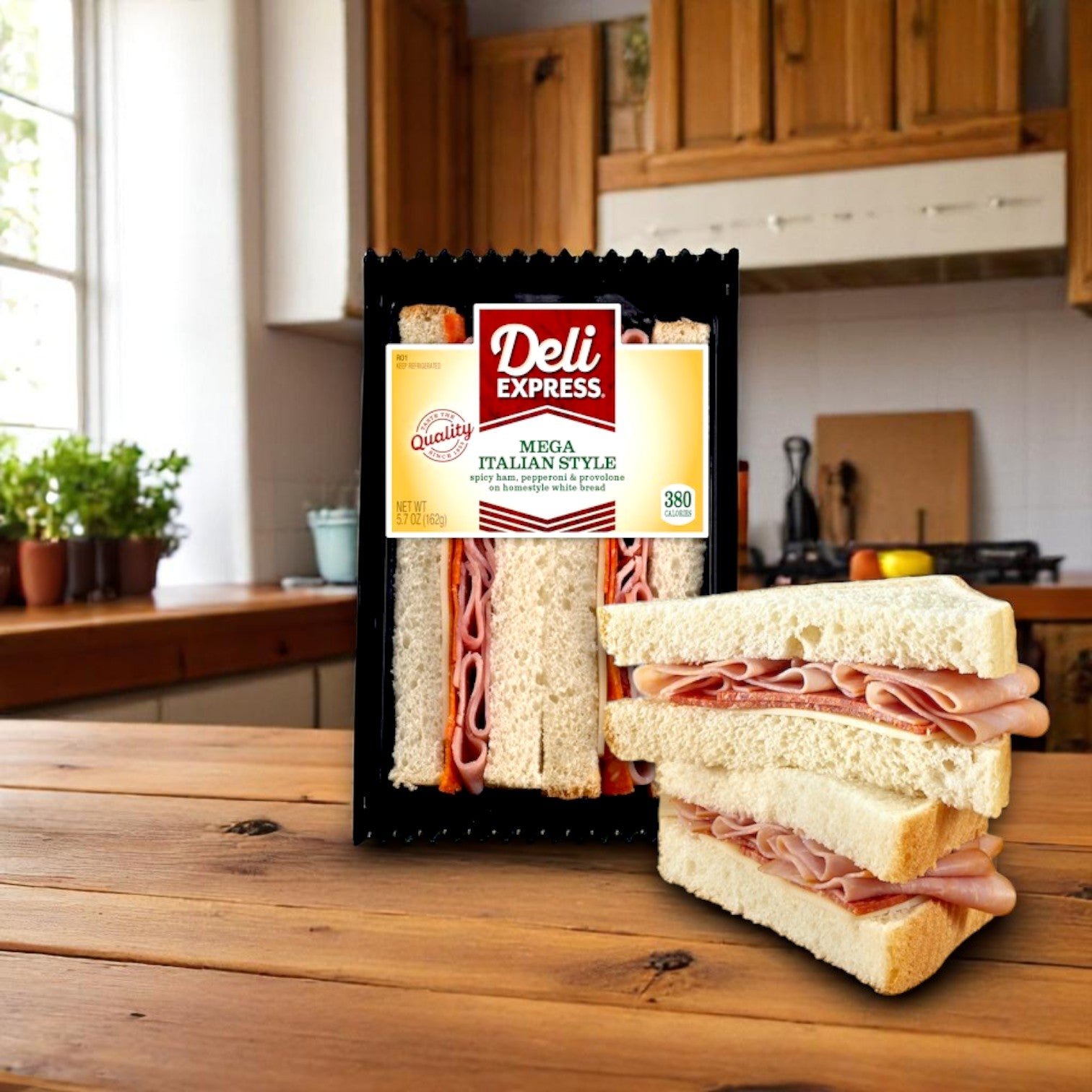 An E.A. Sween Deli Express Mega Italian Style Sandwich Wedge – 5.7 oz (Individually Wrapped) rests on a wooden table with a halved smoked turkey sandwich in front, set against a cozy kitchen backdrop.