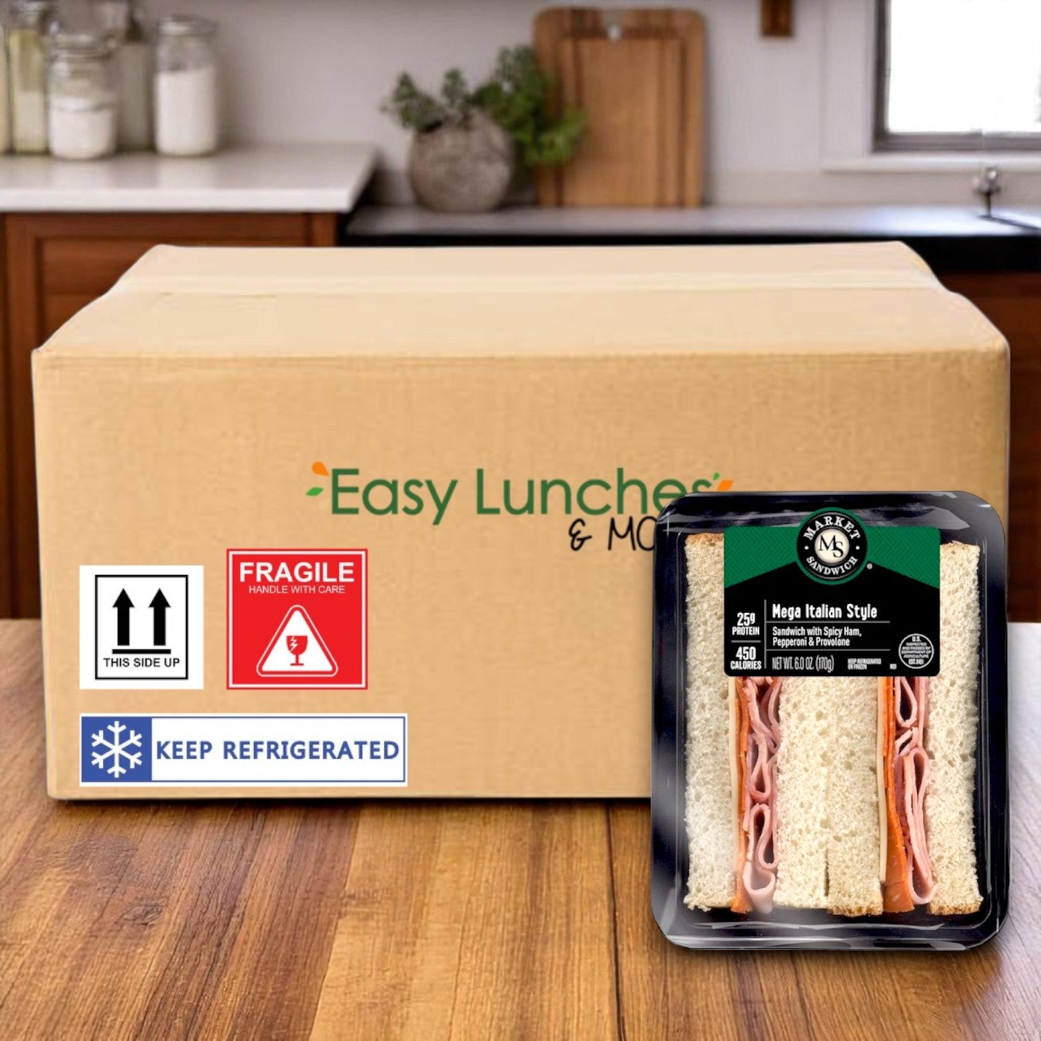 A Market Mega Italian Style Sandwich Wedge – 6 oz from E.A. Sween sits in front of a branded box—each sandwich is individually wrapped for grab-and-go convenience. (Sold as 8 per case.).